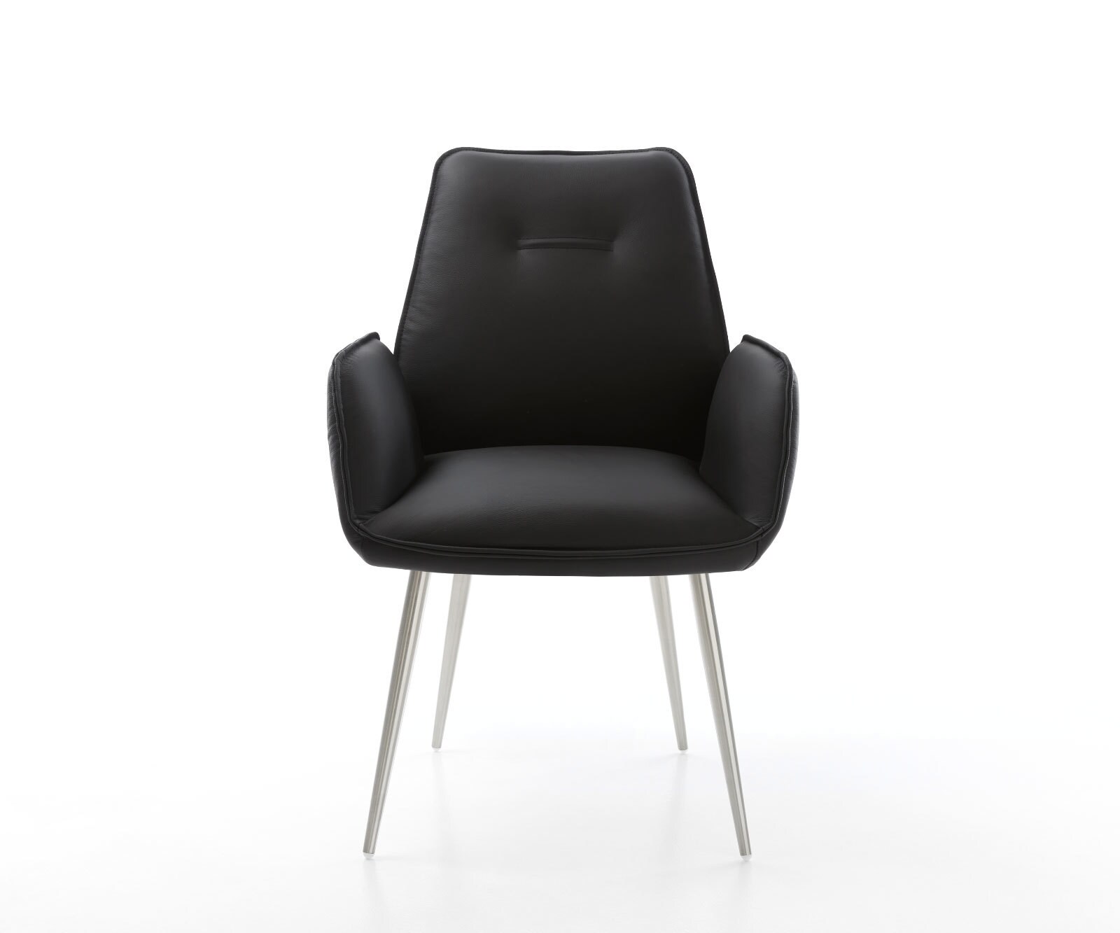 Chaise-de-salle-à-manger Zoa-Flex cuir de vache noir 4 pieds coniques acier inoxydable brossé ressorts ensachés 1 Chaise-de-salle-à-manger Zoa-Flex cuir de vache noir 4 pieds coniques acier inoxydable brossé ressorts ensachés 1