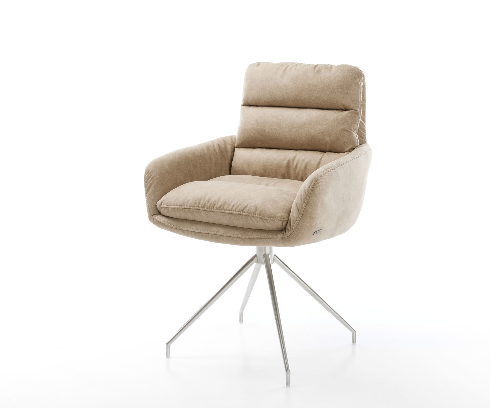 Chaise-de-salle-à-manger Abelia-Flex avec accoudoirs microvelours beige vintage pied croisé conique acier inoxydable brossé 1