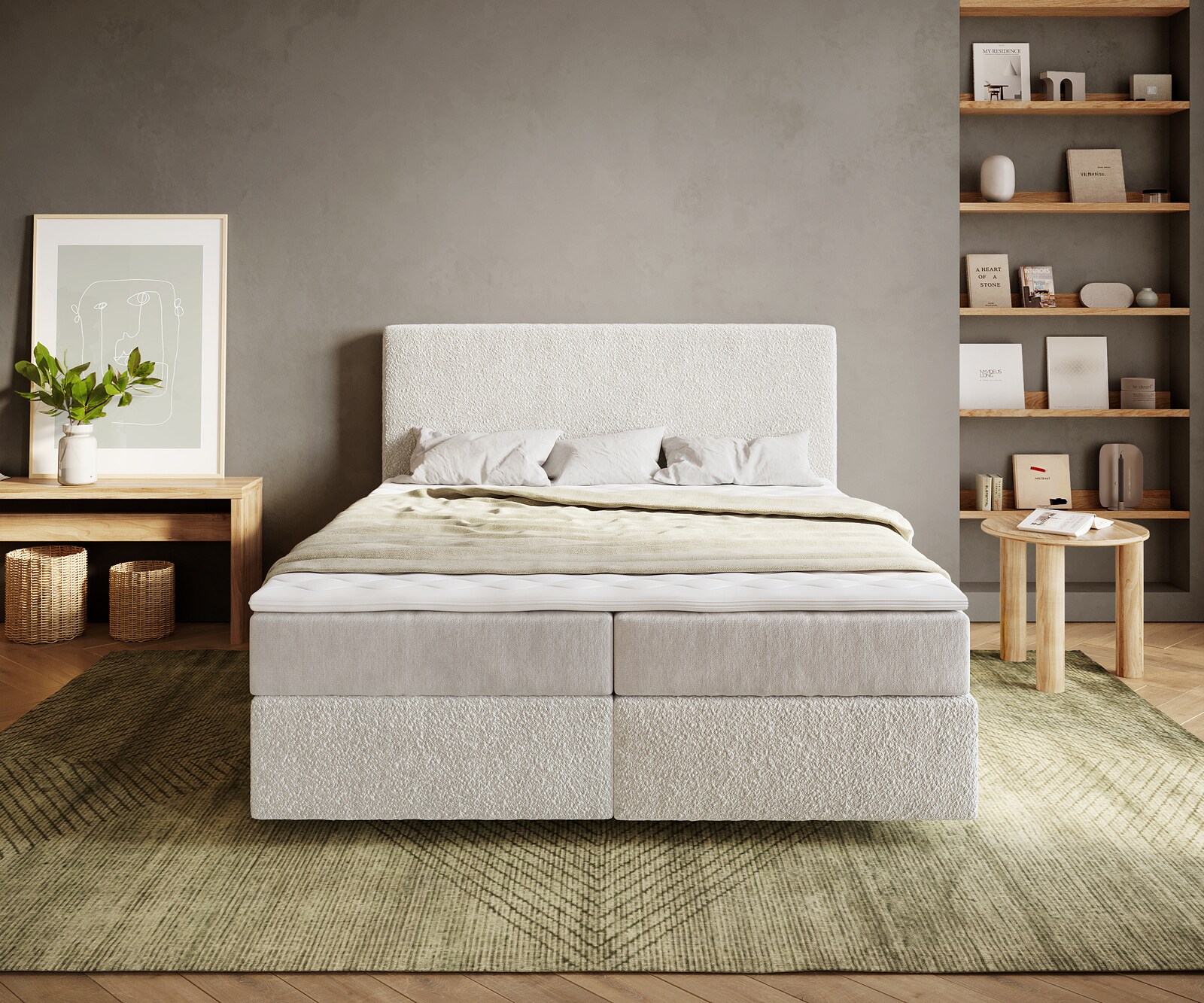 Lit-à-sommier-tapissier Dream-Well 160x200 cm Bouclé Crème-Blanc avec matelas à ressorts ensachés et surmatelas Visco 1