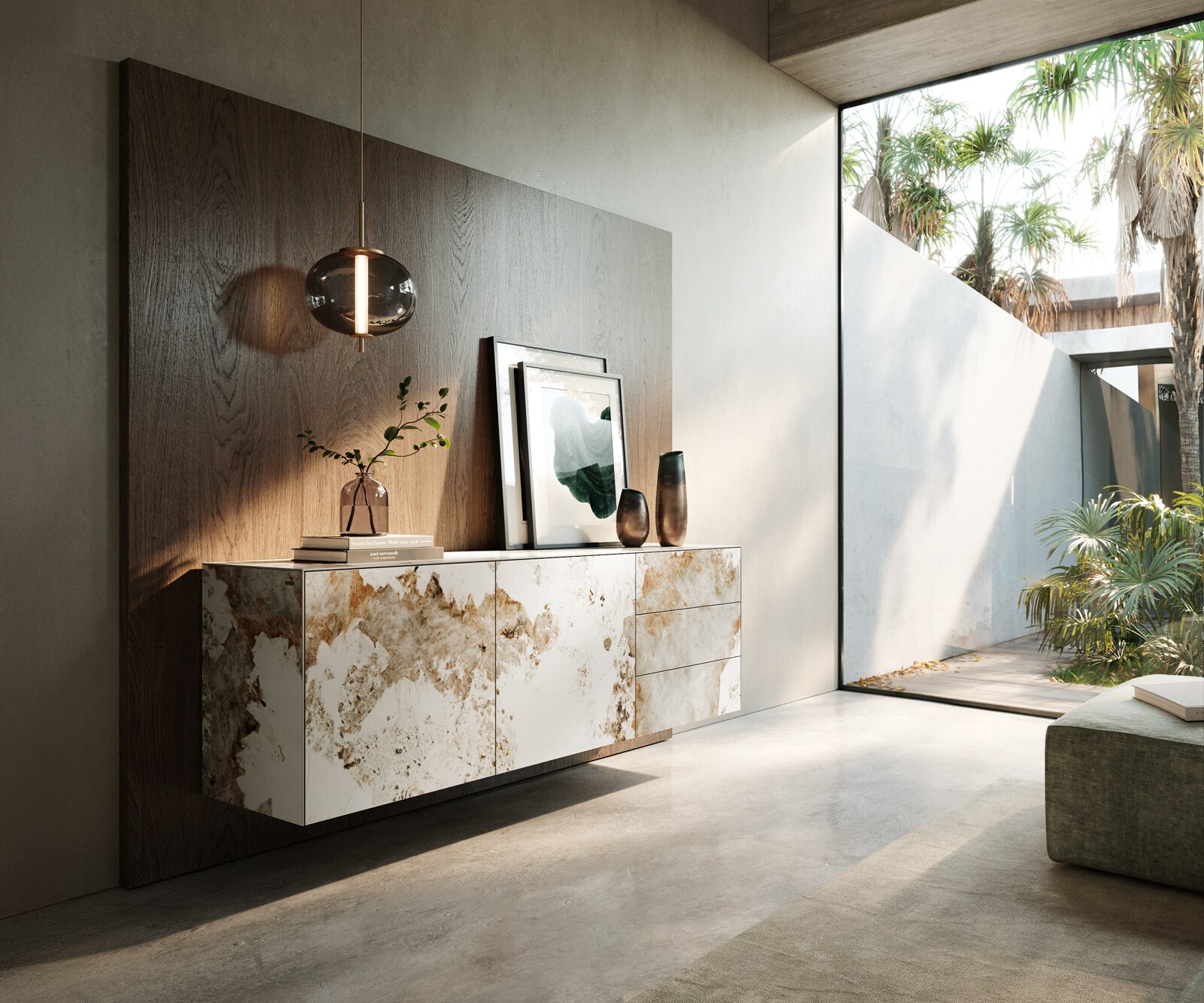 Buffet Cuor 180 cm Céramique Minas Melange Blanc-beige 2 Portes 3 Tiroirs Flottant 1