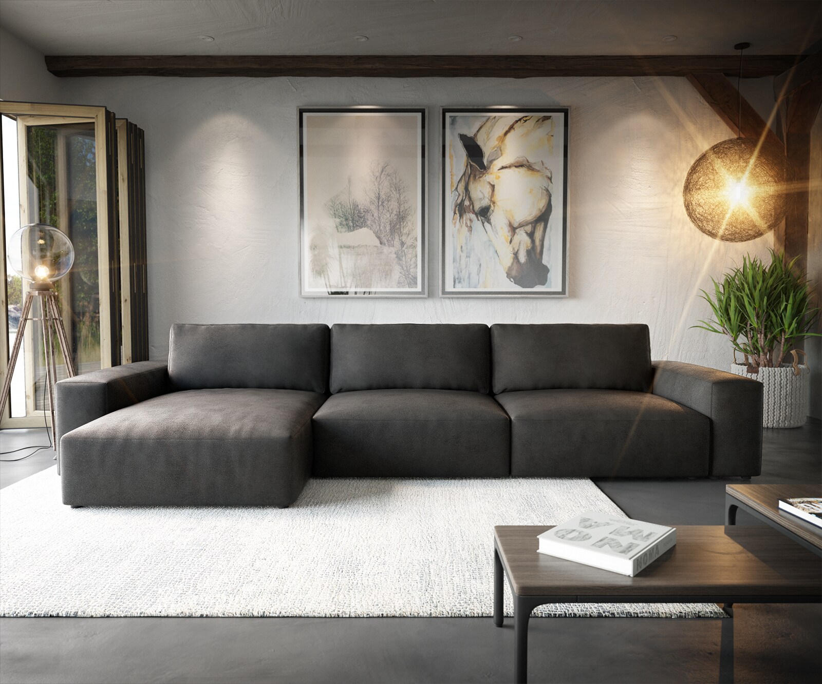 Canapé d'angle Lanzo XL 380x180 cm Imitation cuir Vintage Anthracite Recamière variable 1