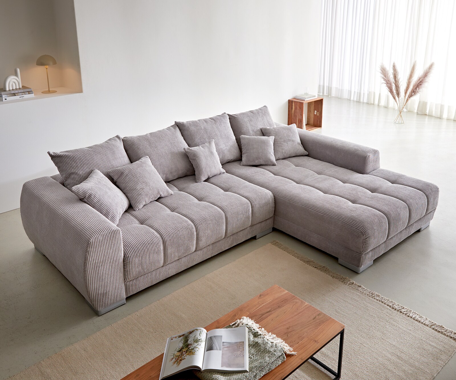 Canapé-d'angle Josea 300x220 cm velours côtelé gris argenté méridiènne droite 3