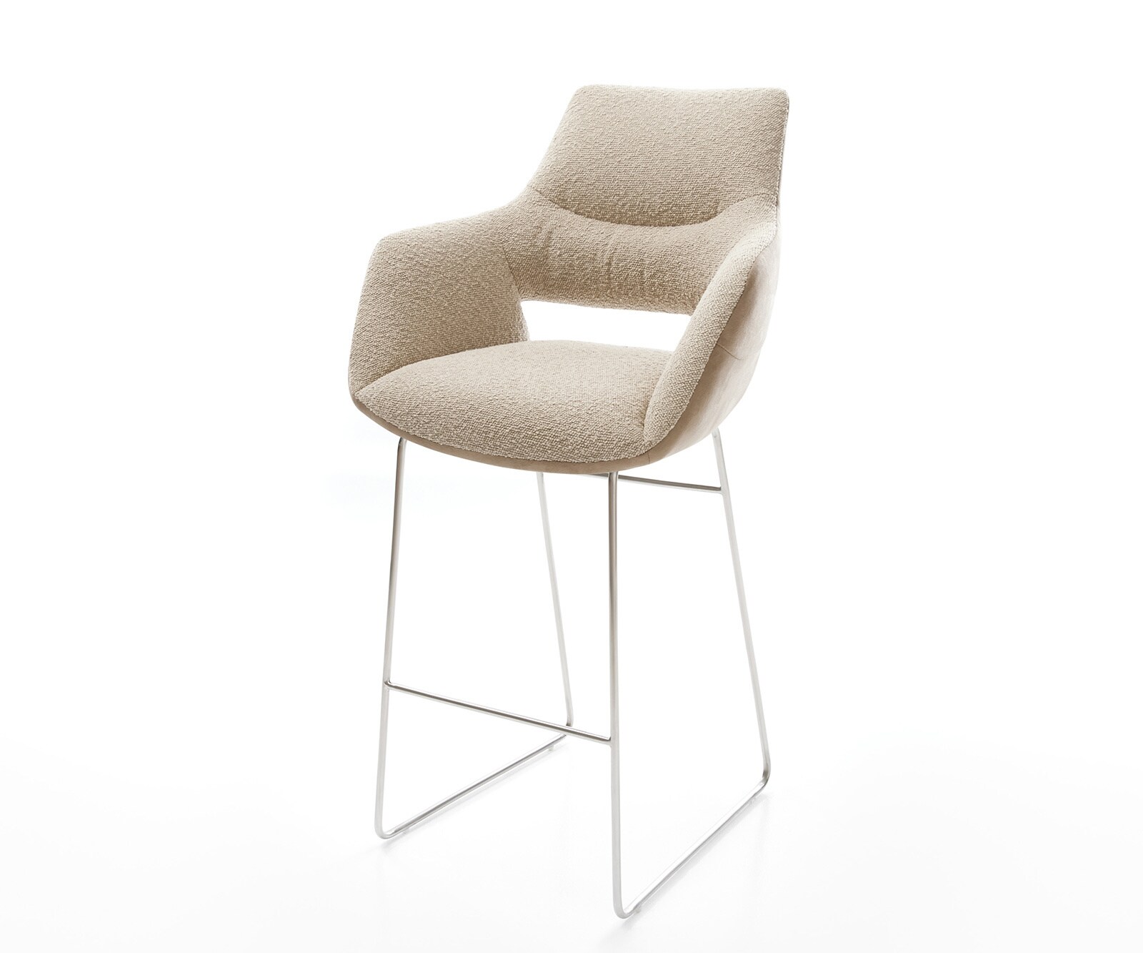Chaise-de-bar Yago-Flex mélange de matériaux microfibre boue / bouclé boue cadre à patins acier inoxydable ressorts ensachés