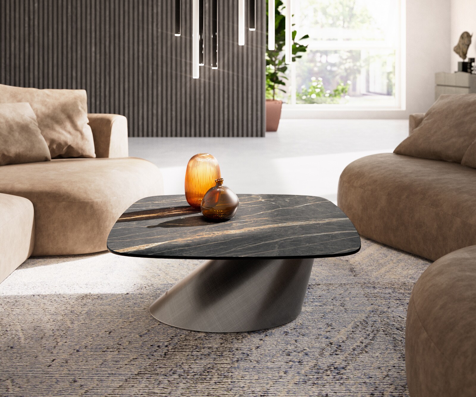 Table basse Edge Boot 90x90 cm céramique Laminam® Noir Desir brun Conis argent métallique 1