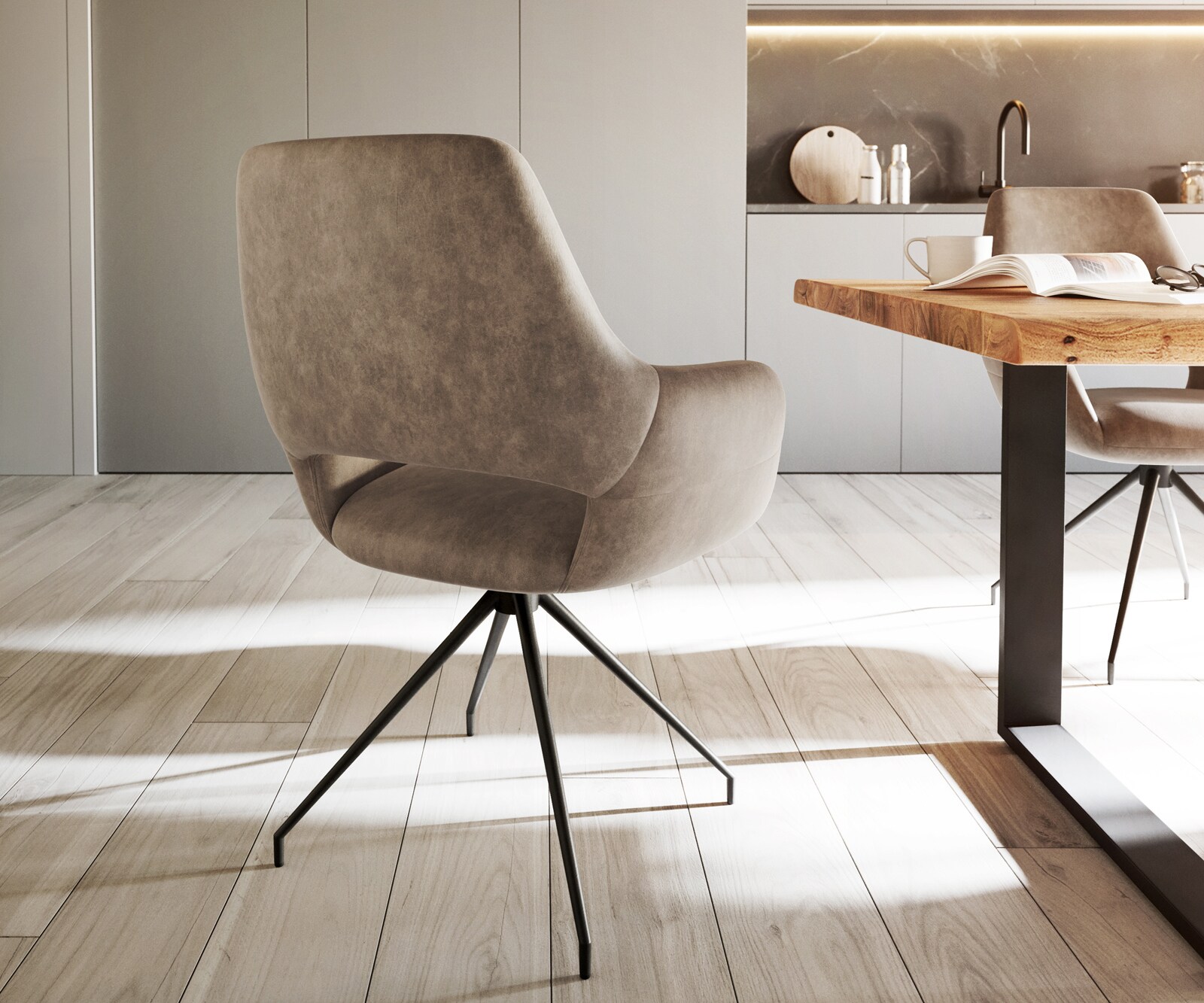 Chaise-de-salle-à-manger Yago-Flex avec accoudoirs microvelours taupe vintage pied croisé conique noir ressorts ensachés 4 Chaise-de-salle-à-manger Yago-Flex avec accoudoirs microvelours taupe vintage pied croisé conique noir ressorts ensachés 4