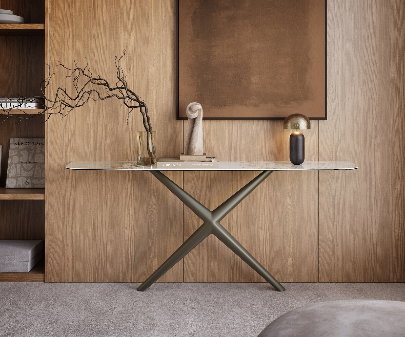 Console Edge forme bateau 180x40 cm Céramique Minas Melange Weiß-Beige Estelo Métal Effektfinish Titan 1