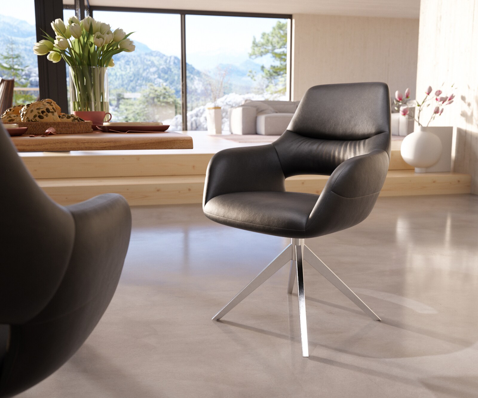Chaise-de-salle-à-manger Yago-Flex avec accoudoirs cuir de vache noir pied croisé large acier inoxydable brossé ressorts ensachés
