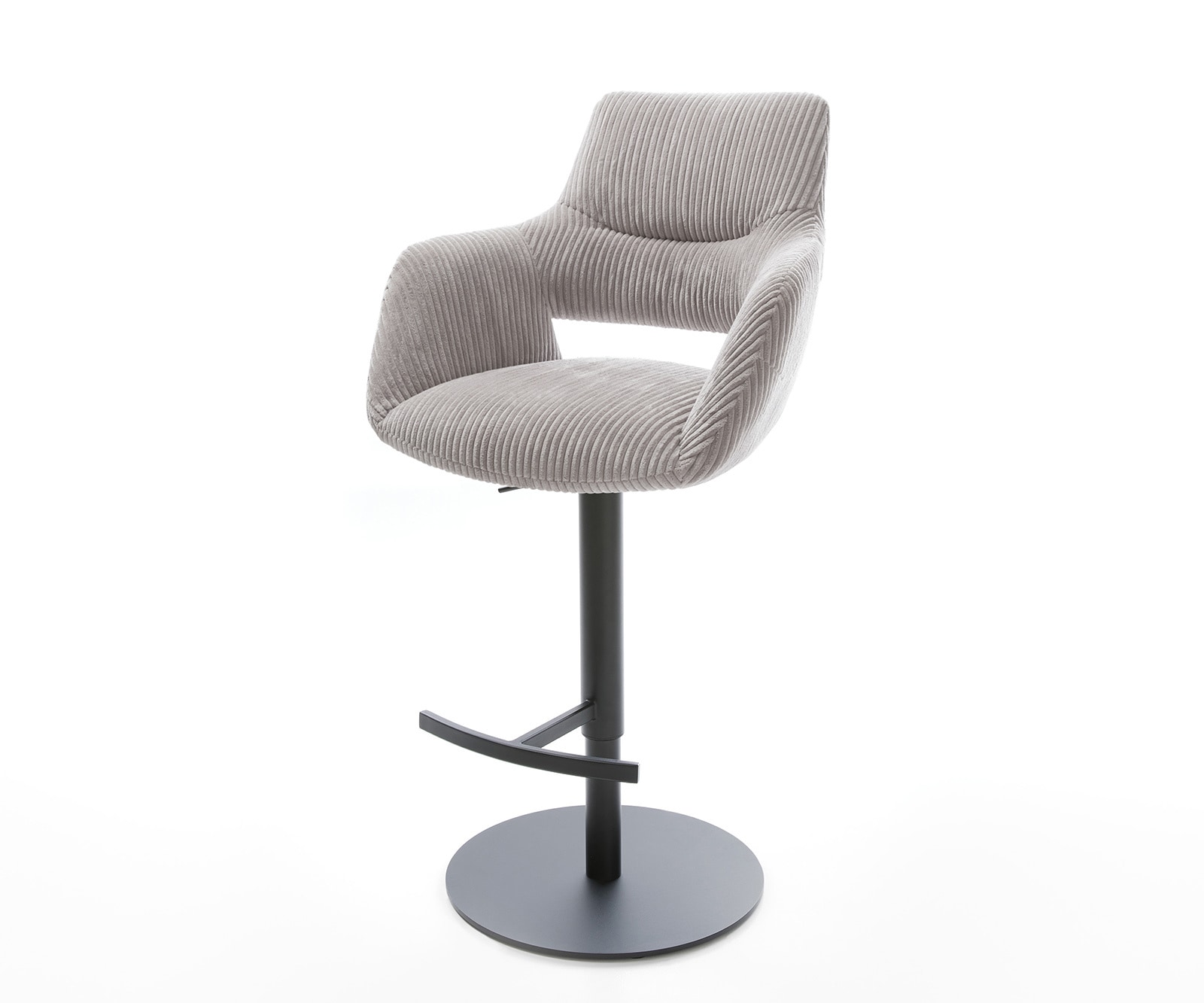 Chaise-de-bar Yago-Flex Cordon gris argenté Pied pivotant réglable en hauteur Métal noir pivotant Ressorts ensachés Chaise-de-bar Yago-Flex Cordon gris argenté Pied pivotant réglable en hauteur Métal noir pivotant Ressorts ensachés