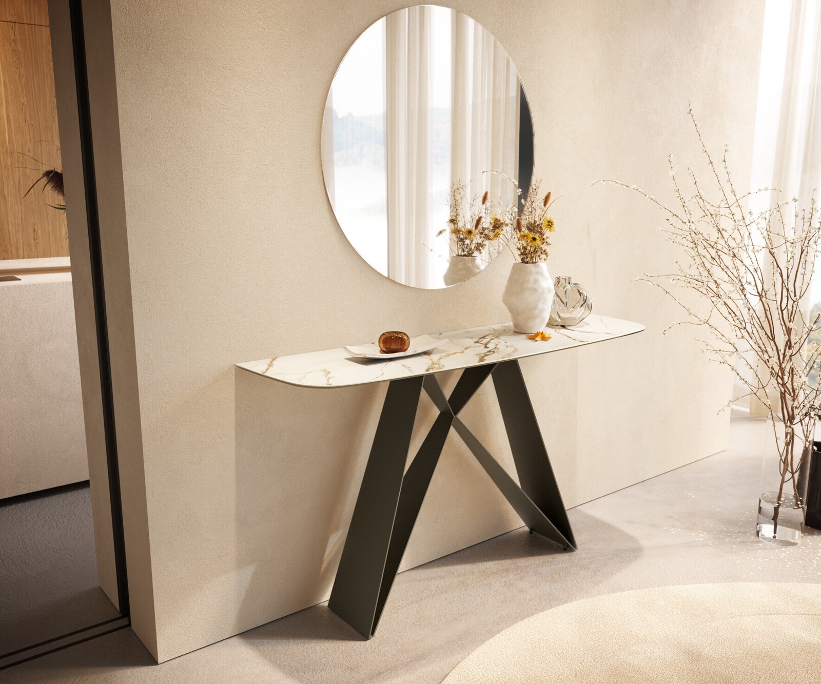 Console Edge forme bateau 140x40 cm Céramique Calacatta Luxe Weiß-Gold-Gris Velio Métal Effektfinish Titan 1
