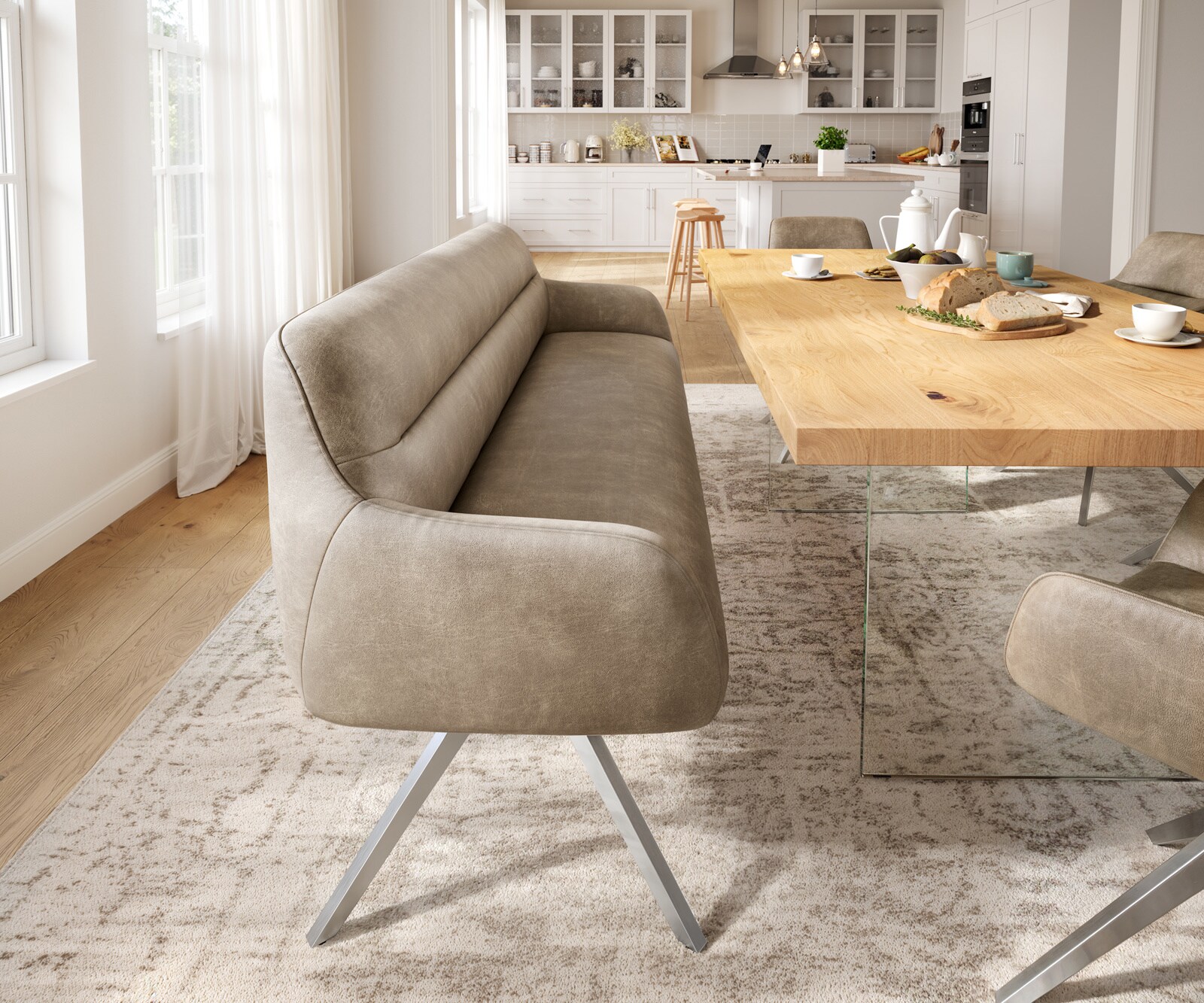 Banc-de-salle-à-manger Taya-Flex 200 cm microfibre beige vintage pied croisé angulaire acier inoxydable ressort ensaché 1