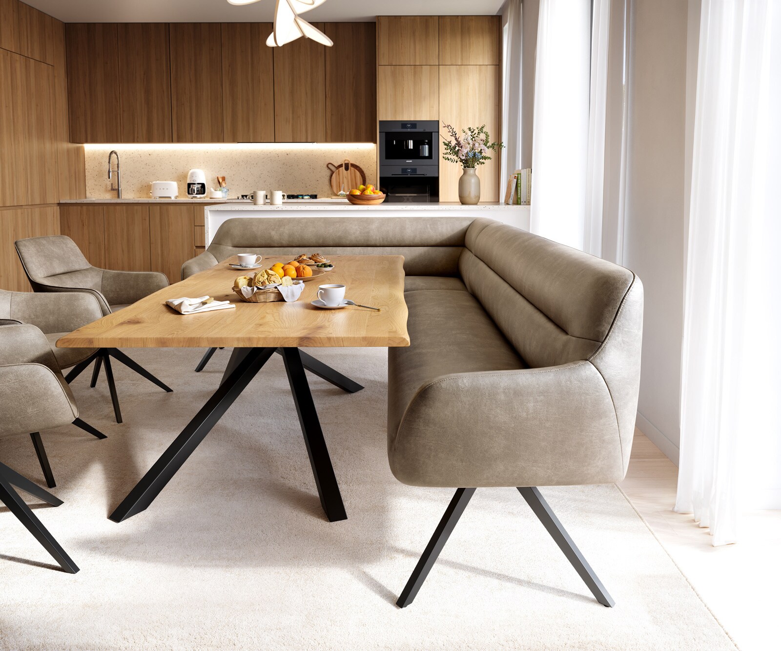 Banc-de-salle-à-manger Taya-Flex 285x190 cm microfibre beige vintage pied croisé angulaire noir ressort ensaché à droite 2