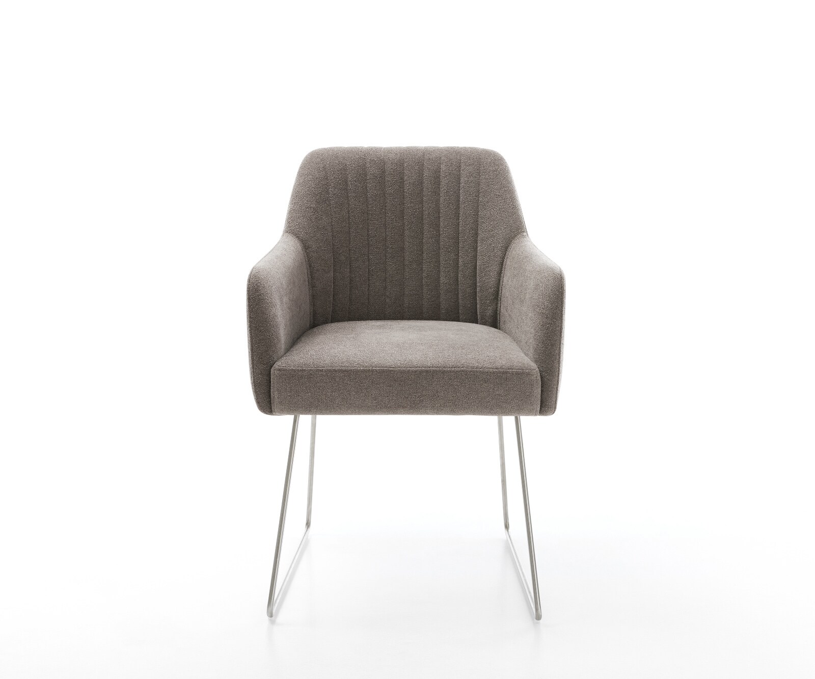 Chaise-de-salle-à-manger Greg-Flex tissu structuré doux taupe pied trapèze acier inoxydable ressorts ensachés 1
