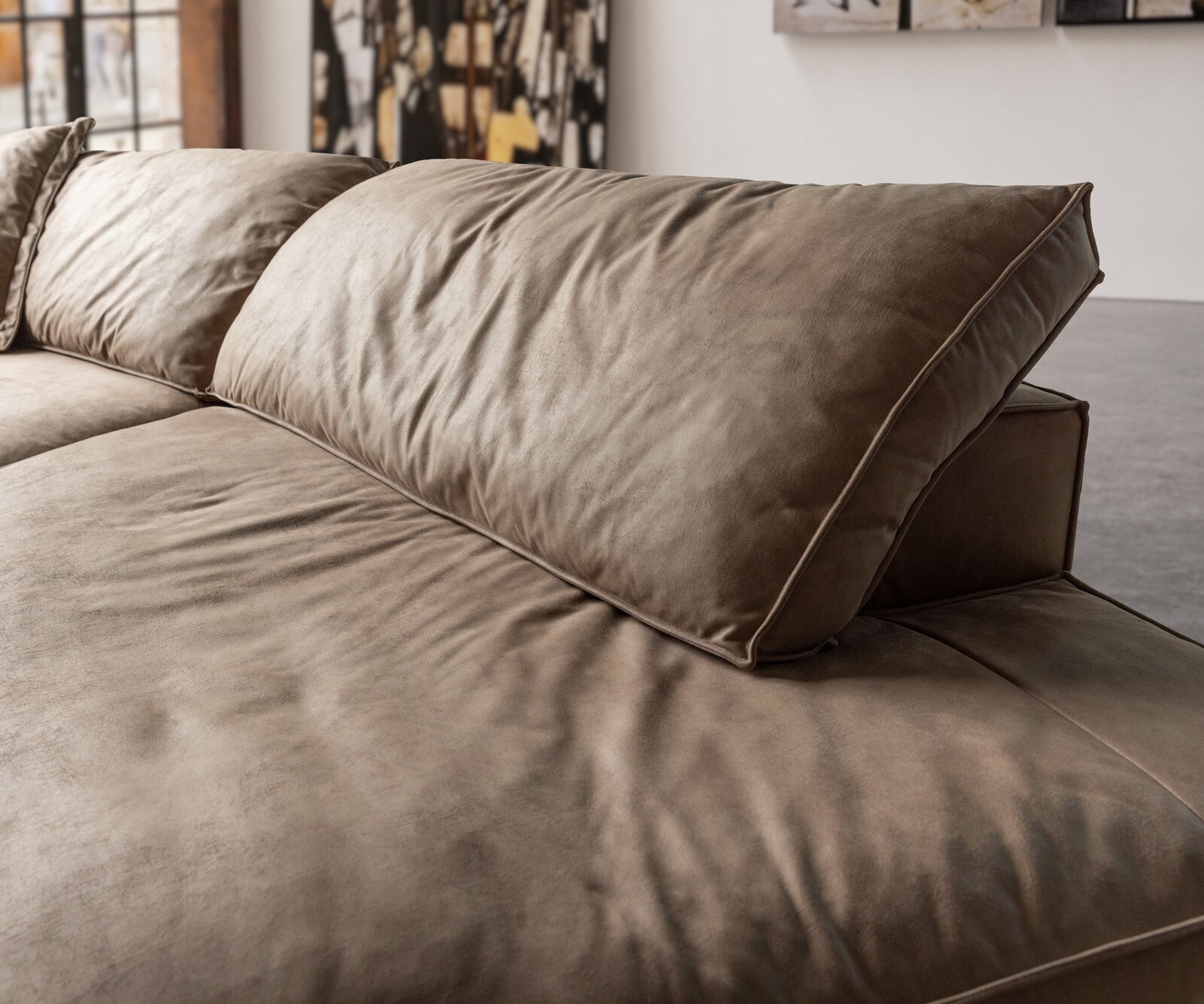 Canapé Snoosh 400x150 cm microfibre taupe vintage avec méridienne à droite 4 Canapé Snoosh 400x150 cm microfibre taupe vintage avec méridienne à droite 4