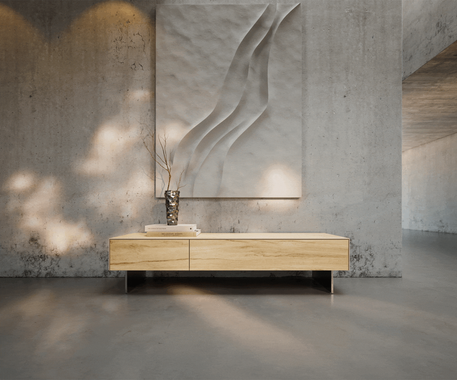 Meuble-TV Cuor 150 cm Céramique Laminam® Sabbia Teinte chêne 1 Clapet 1 Tiroir Pied optique flottant Ancier inoxydable 2
