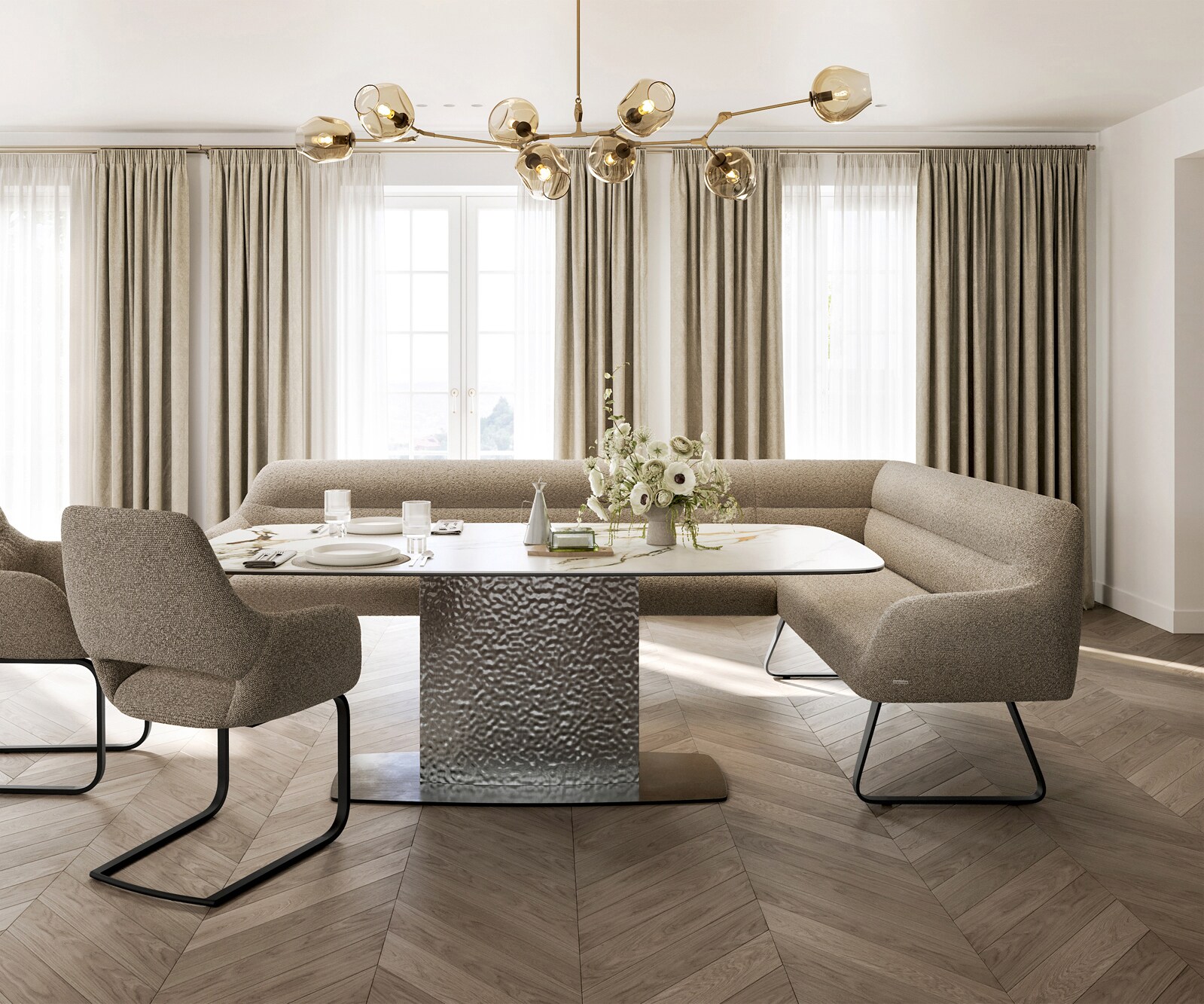 Banc-de-salle-à-manger Taya-Flex 285x190 cm bouclé boue châssis à patins plat noir ressort ensaché liens 2