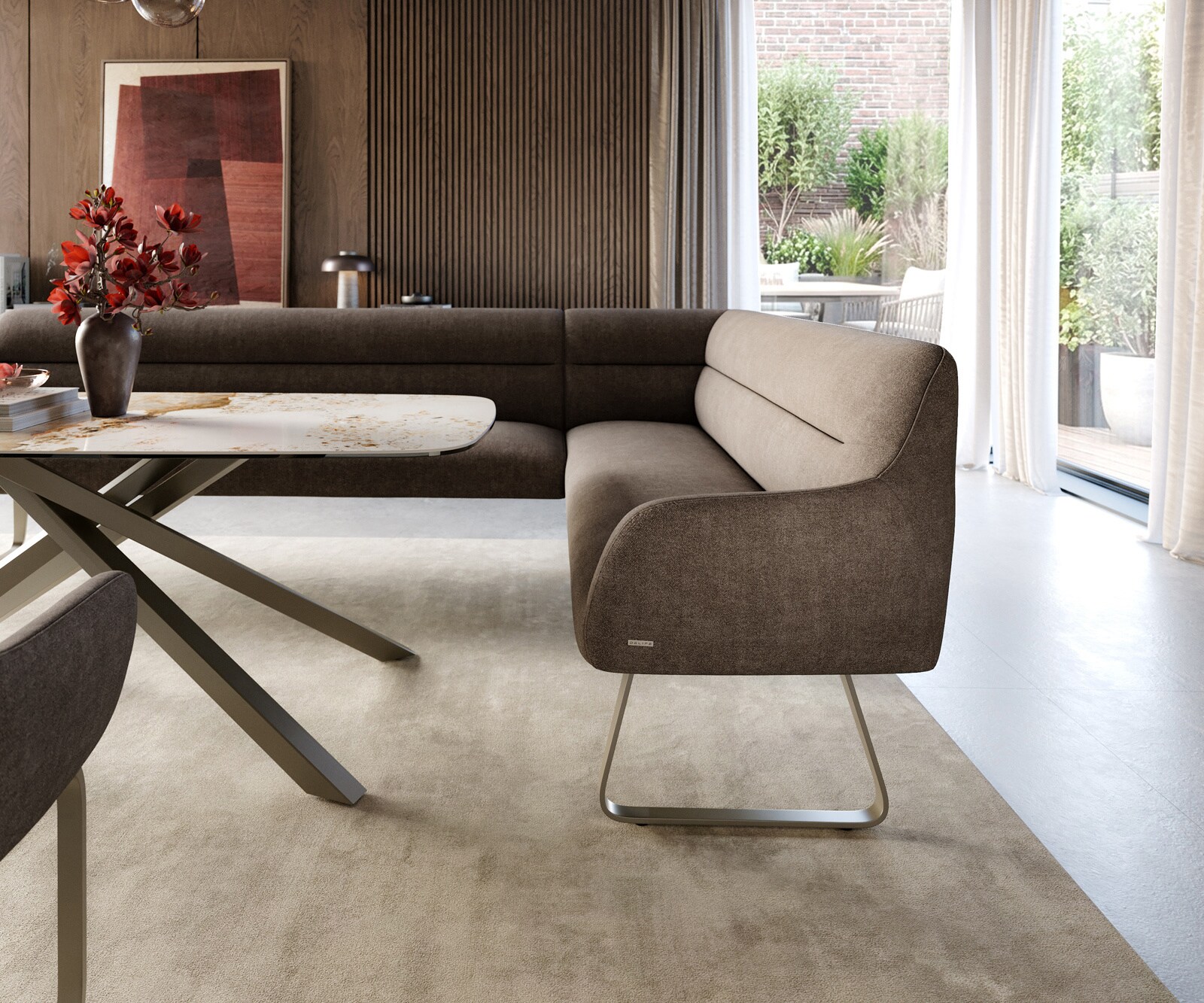 Banc-de-salle-à-manger Taya-Flex 285x190 cm tissu structuré doux taupe châssis à patins plat titane ressort ensaché liens 5