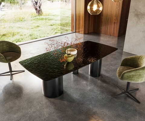 Table à manger Edge Boot 200x100 verre en relief noir 3D-Design Troa acier inoxydable graphite