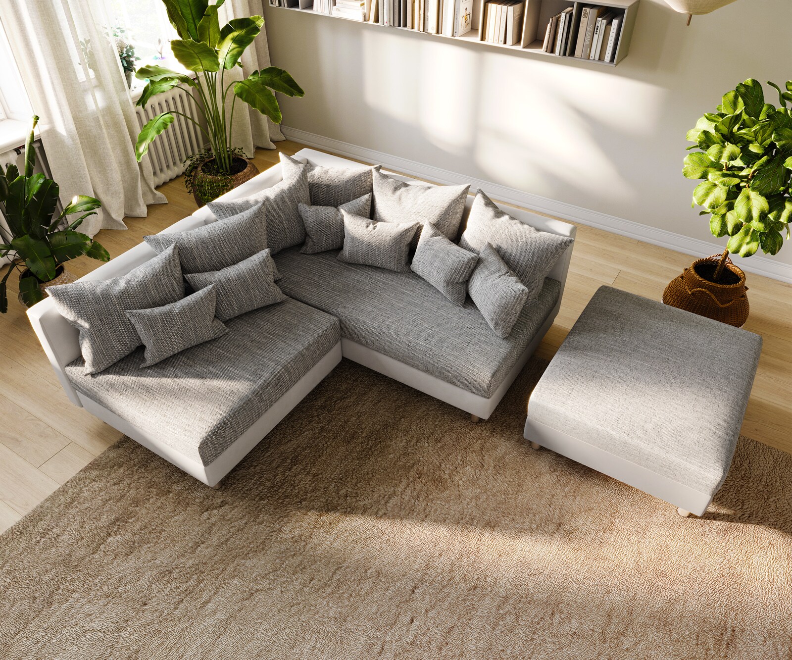 Canapé-d'angle Clovis blanc gris clair tabouret ottoman droit  modulaire 5