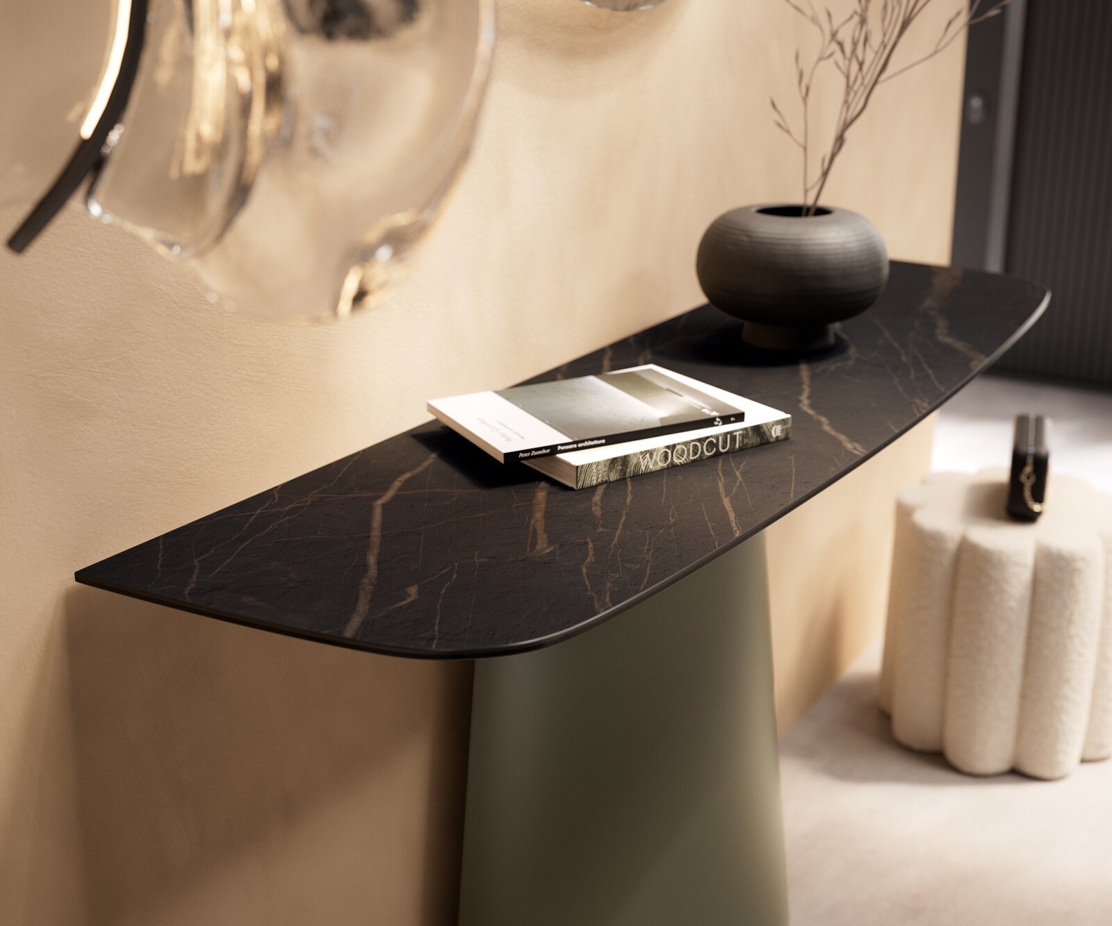 Console Edge forme bateau 140x40 cm Céramique Laminam® Noir Desir Braun Conos Métal Effektfinish Titan 6