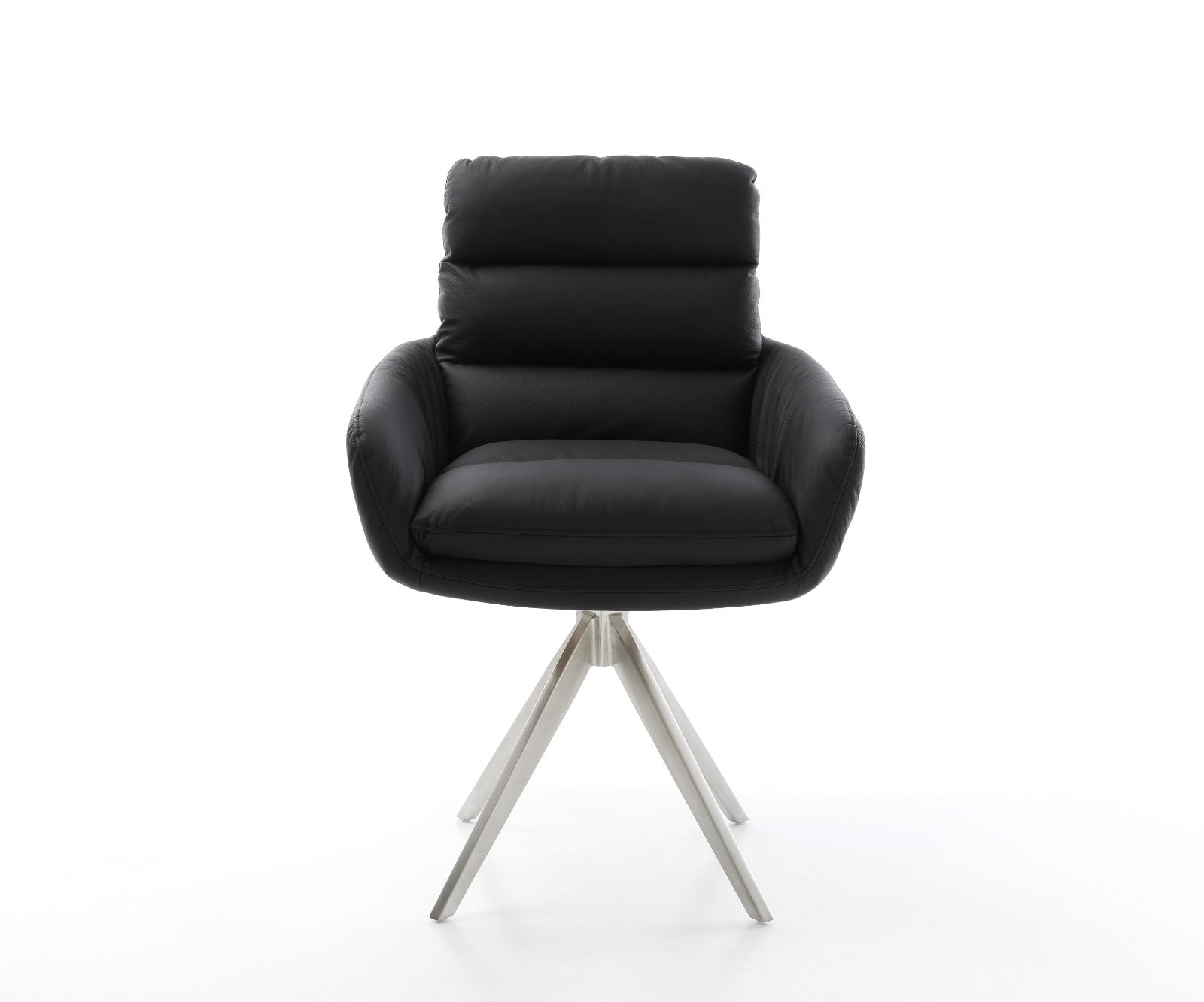 Chaise-de-salle-à-manger Abelia-Flex avec accoudoirs cuir de vache noir pied croisé angulaire acier inoxydable brossé 1 Chaise-de-salle-à-manger Abelia-Flex avec accoudoirs cuir de vache noir pied croisé angulaire acier inoxydable brossé 1