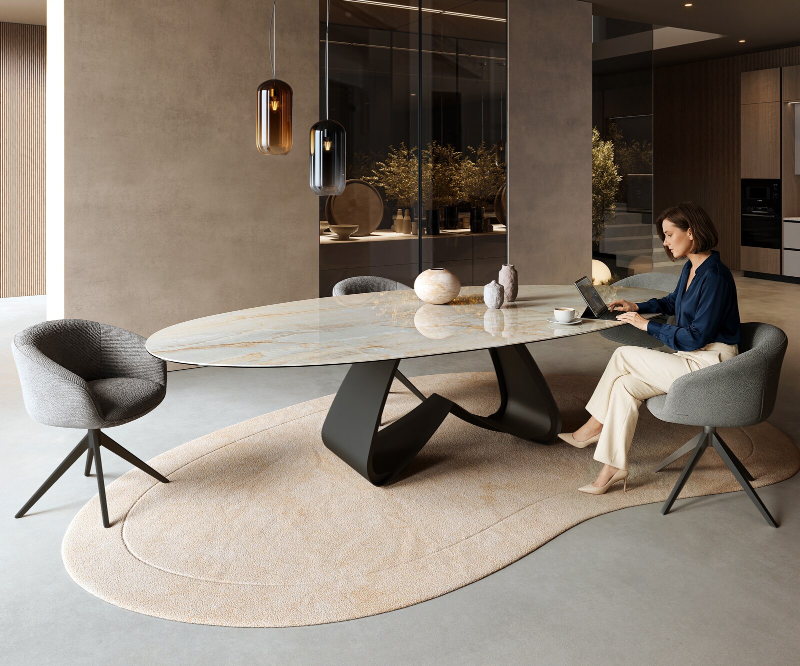 Table à manger Edge Oval 315x150 cm Céramique Iris FMG Onice Oro piètement en W Métal Noir 7