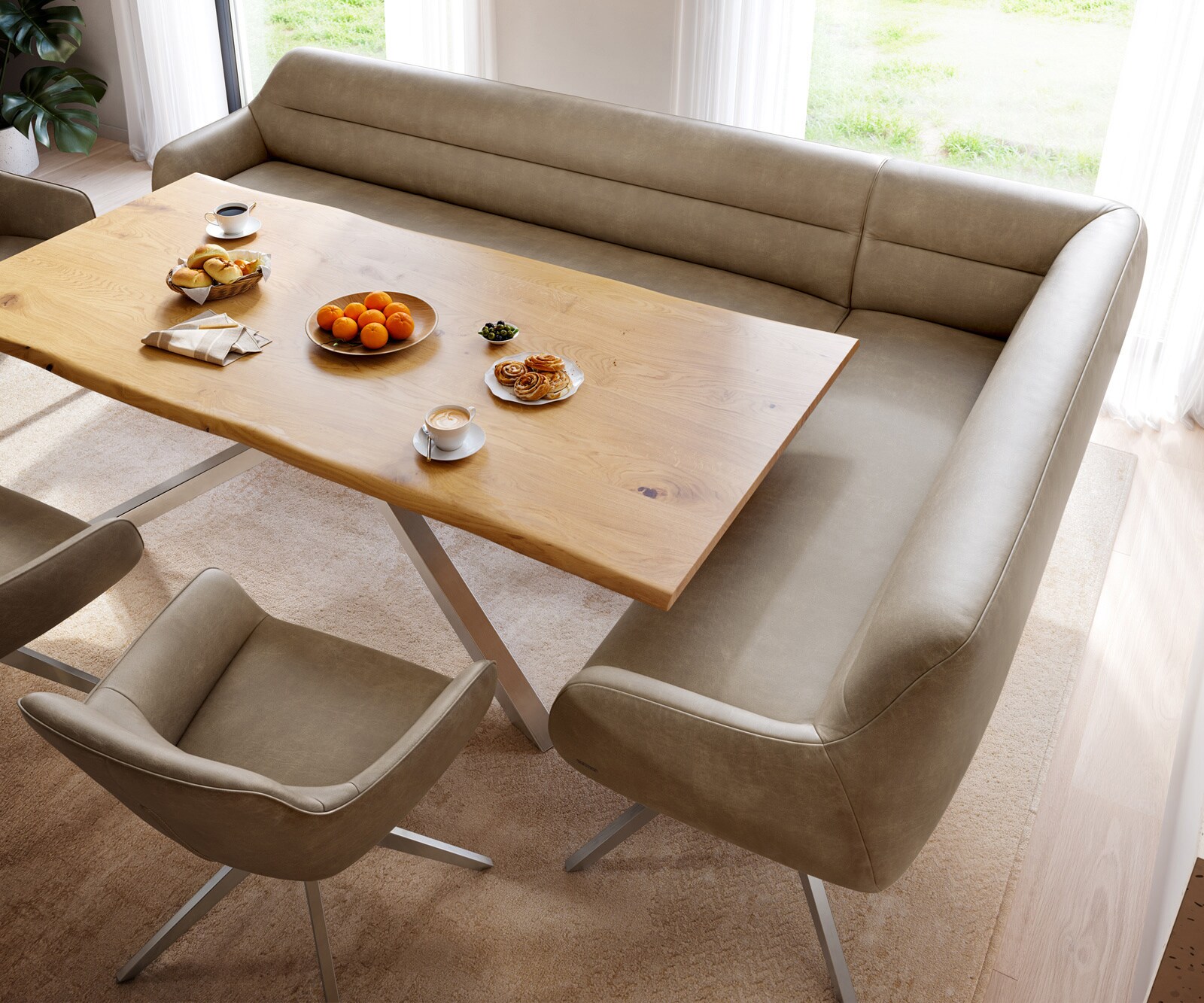 Banc-de-salle-à-manger Taya-Flex 285x190 cm microfibre beige vintage pied croisé angulaire acier inoxydable ressort ensaché à droite 4