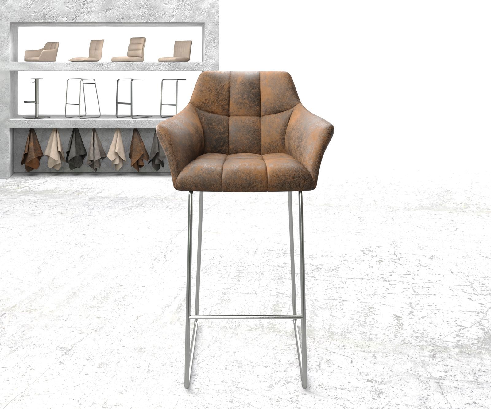 Chaise-de-bar Yulo-Flex vintage marron cadre patin acier inoxydable 1 Chaise-de-bar Yulo-Flex vintage marron cadre patin acier inoxydable 1