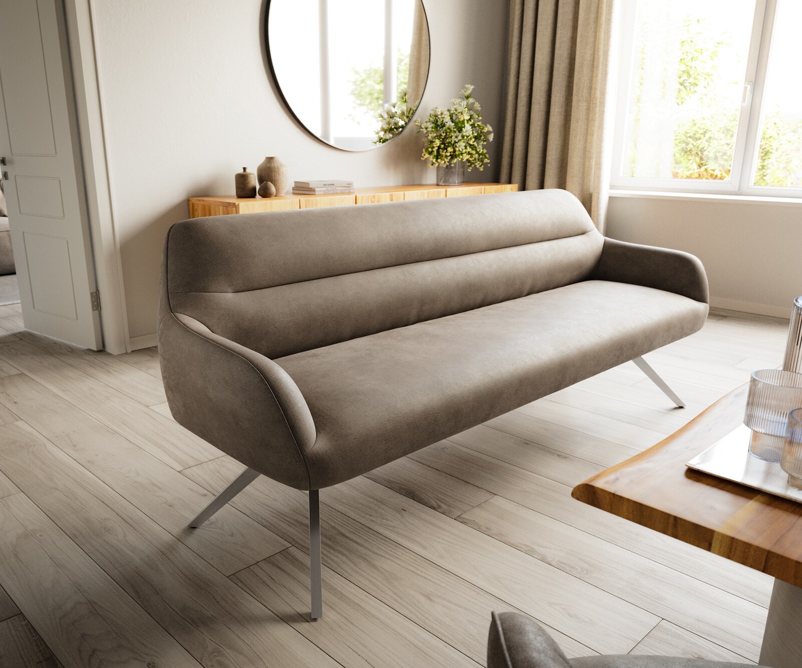 Banc-de-salle-à-manger Taya-Flex 200 cm microfibre taupe vintage pied croisé angulaire acier inoxydable ressort ensaché