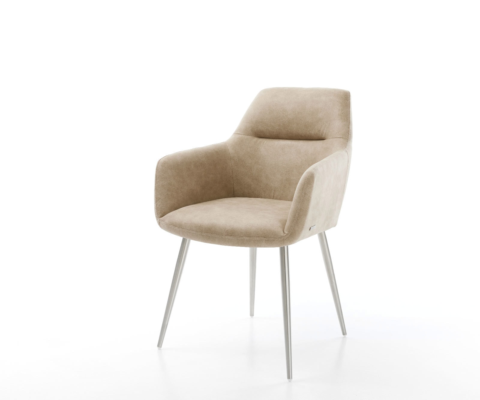 Chaise-de-salle-à-manger Pejo-Flex microvelours beige vintage 4 pieds coniques acier inoxydable brossé ressorts ensachés