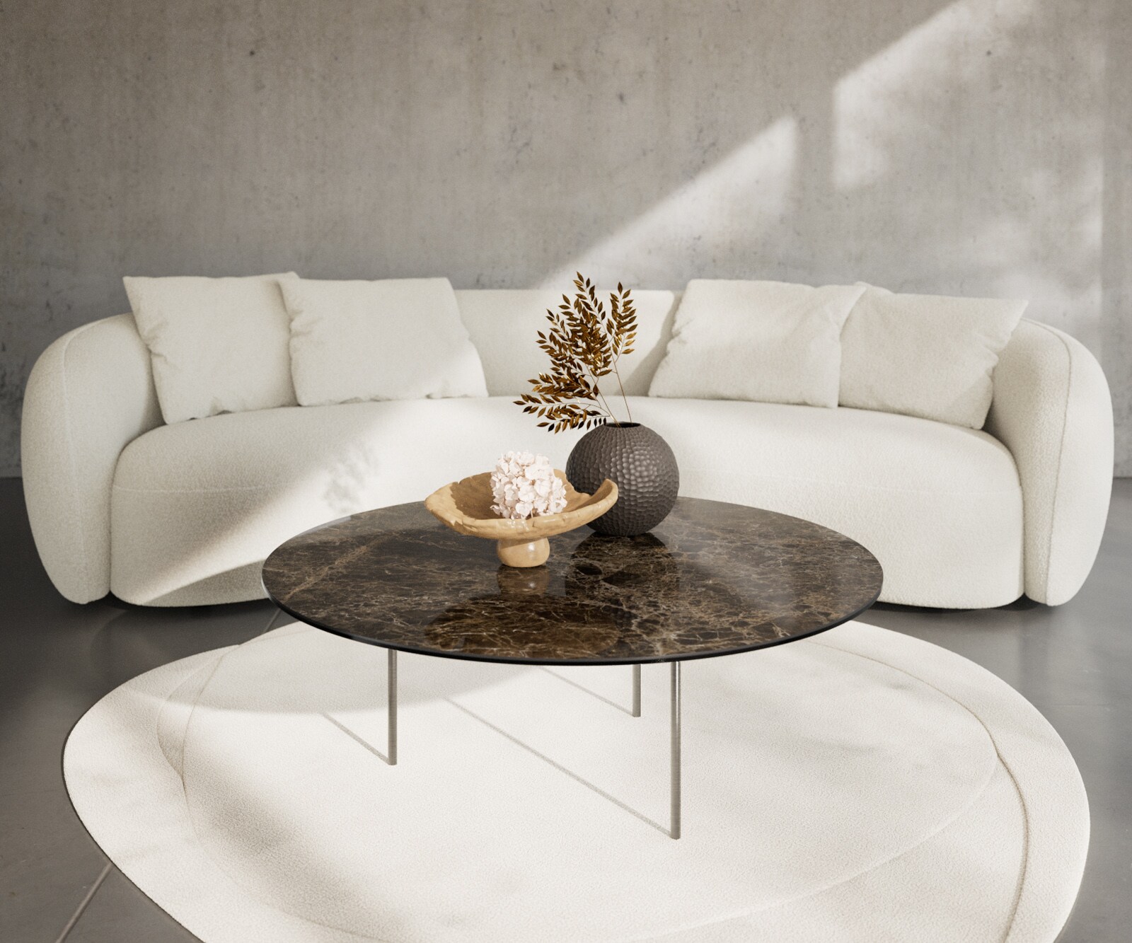 Table basse Edge rond 100x100 cm céramique Laminam® Emperador Extra Lucidato brun foncé Trive acier inoxydable brossé