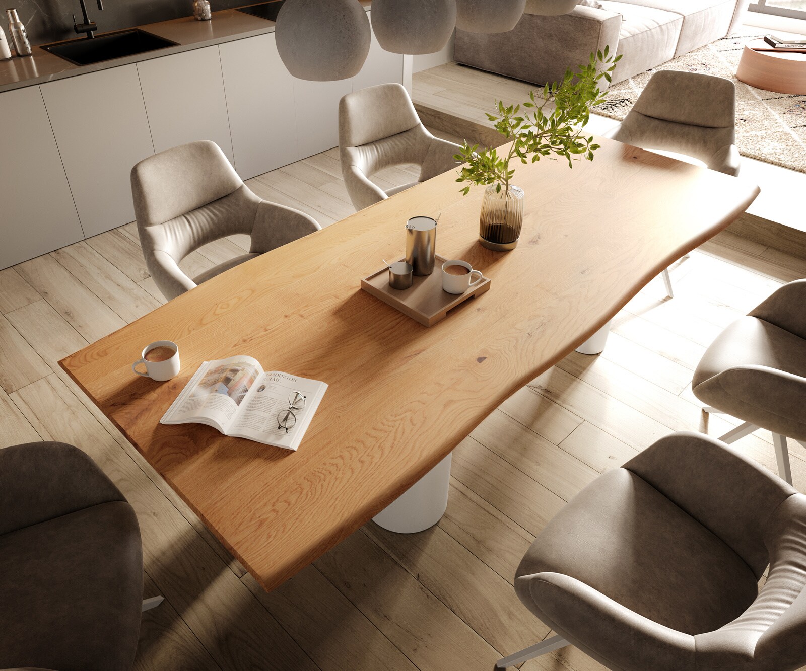 Table à manger Edge 260x100x2,5-3 Chêne Nature Pilier Métal Blanc Live-Edge 4