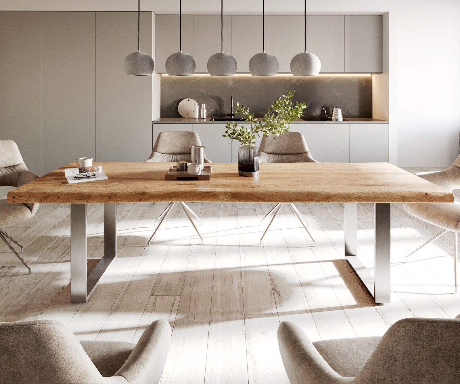 Table-à-manger Edge 280x100cm XL acacia nature acier inoxydable mince Live-Edge 1