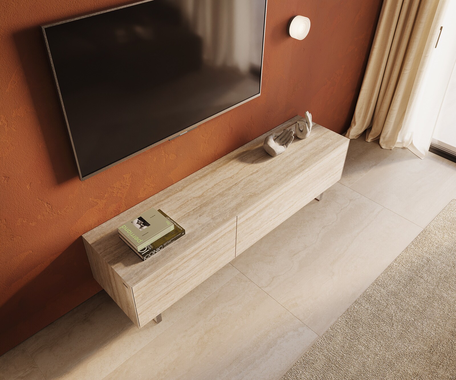 Meuble-TV Cuor 180 cm Céramique Laminam® Travertino Bianco Crème-blanc 1 Clapet 2 Tiroirs Pied optique flottant Verre acrylique 4