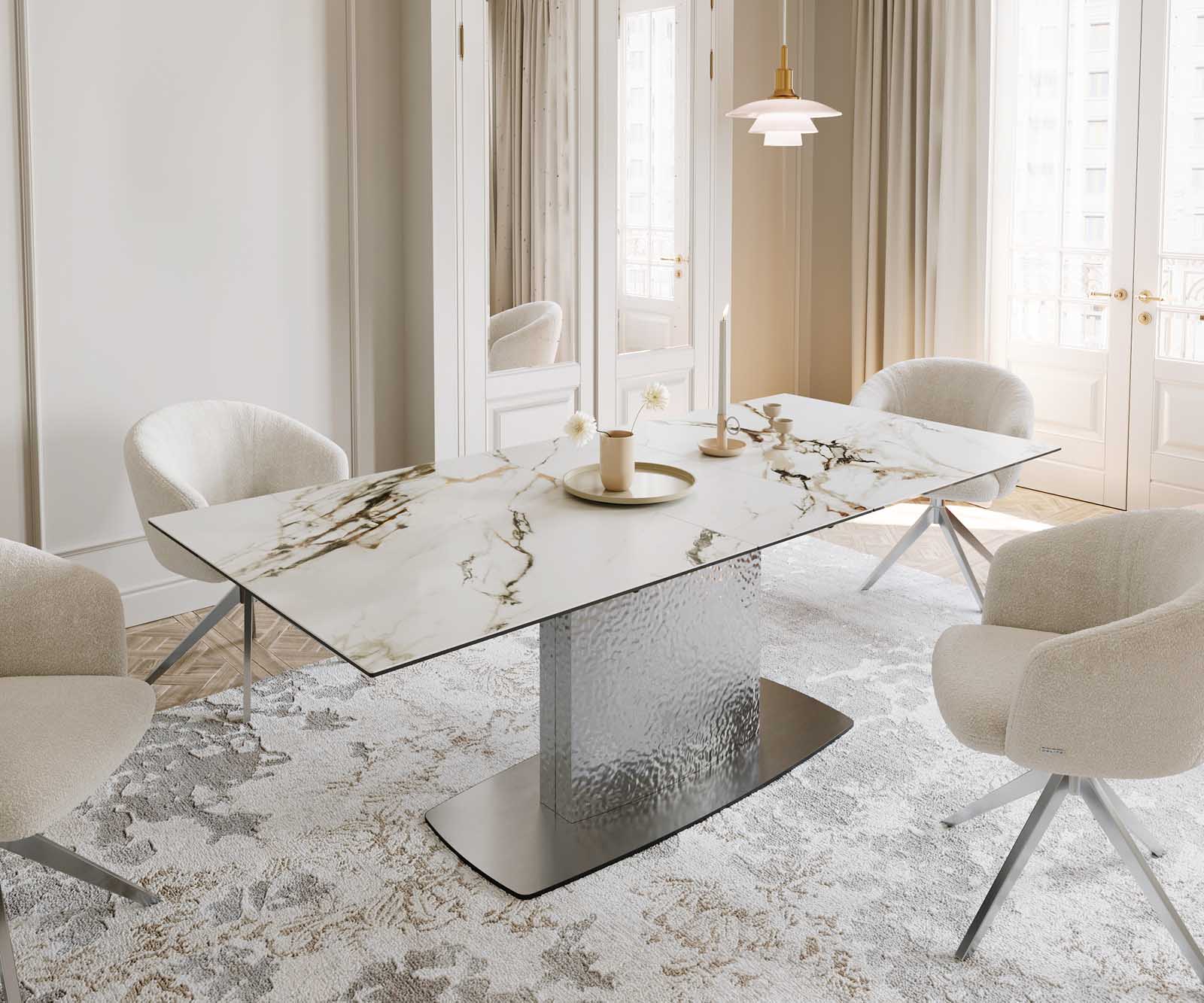 Table à manger Edge 180-220x100 céramique Calacatta Luxe blanc-doré-gris Wave acier inoxydable extensible Table à manger Edge 180-220x100 céramique Calacatta Luxe blanc-doré-gris Wave acier inoxydable extensible