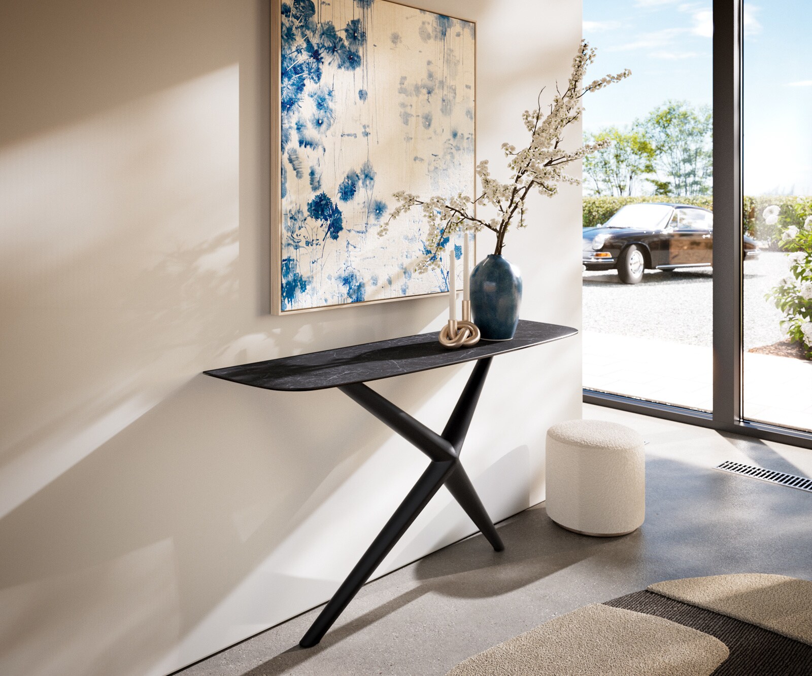 Console Edge forme bateau 140x40 cm Céramique Laminam® Nero Greco Anthrazit Estelo Métal Noir