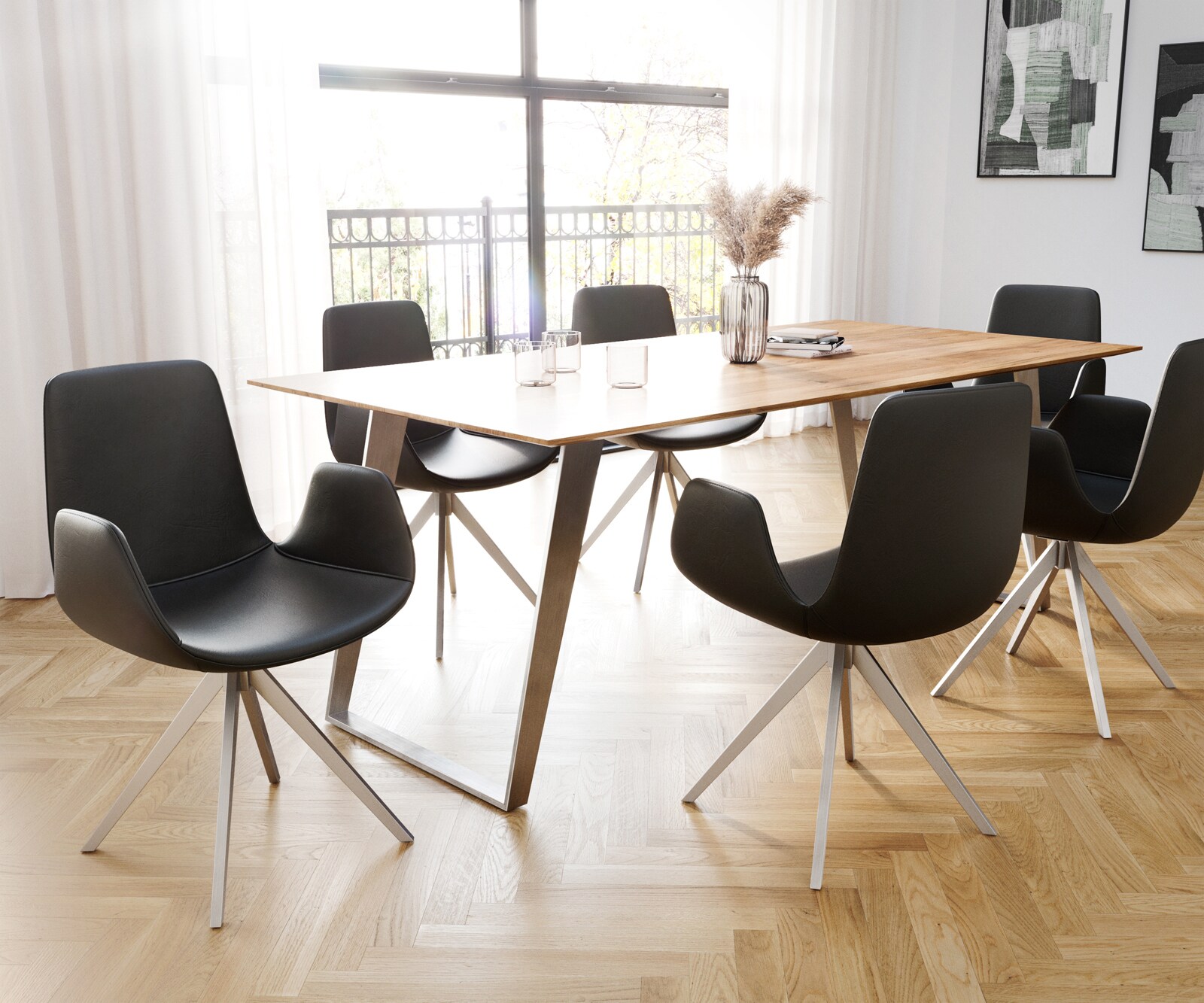 Chaise-de-salle-à-manger Ilia-Flex avec accoudoirs cuir de vache noir pied croisé angulaire acier inoxydable brossé 3 Chaise-de-salle-à-manger Ilia-Flex avec accoudoirs cuir de vache noir pied croisé angulaire acier inoxydable brossé 3