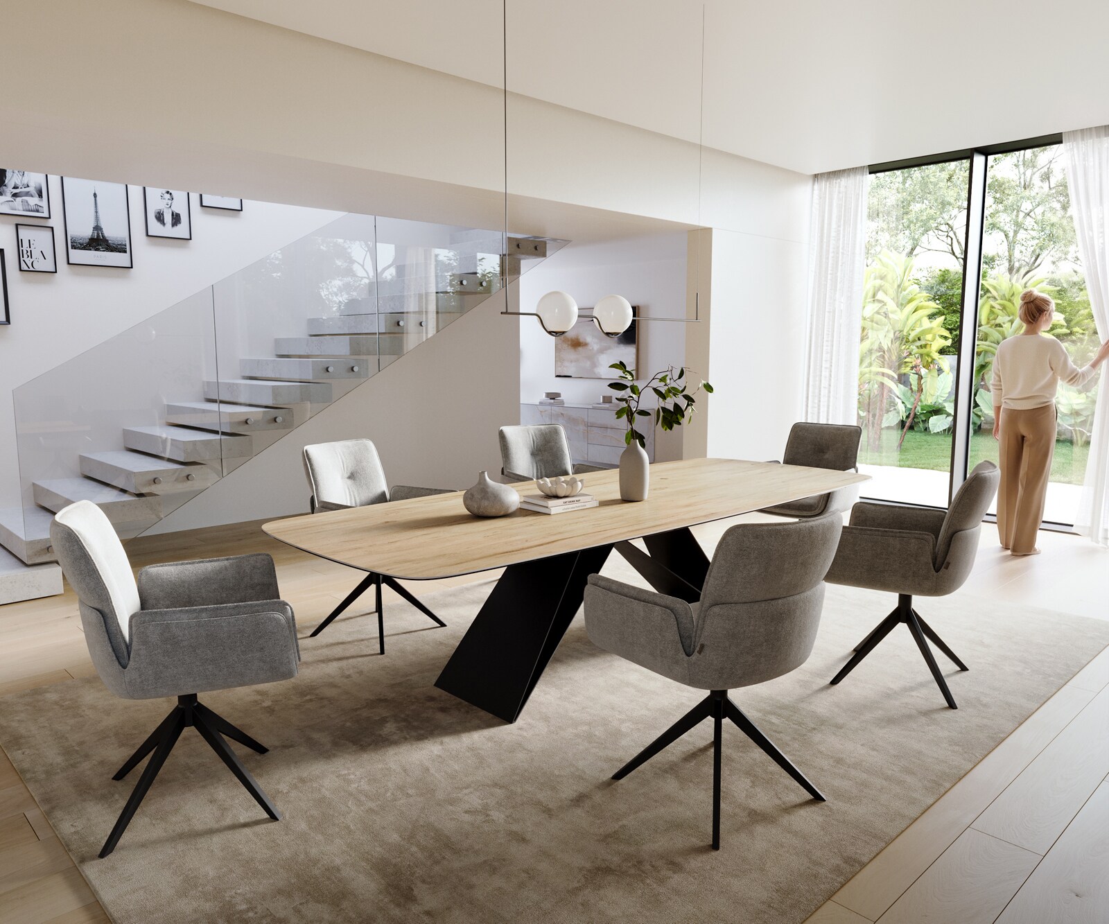 Table à manger Edge Boot 300x120 cm Céramique Laminam® Sabbia Eichefarbig piètement en V Flachstahl Noir 6