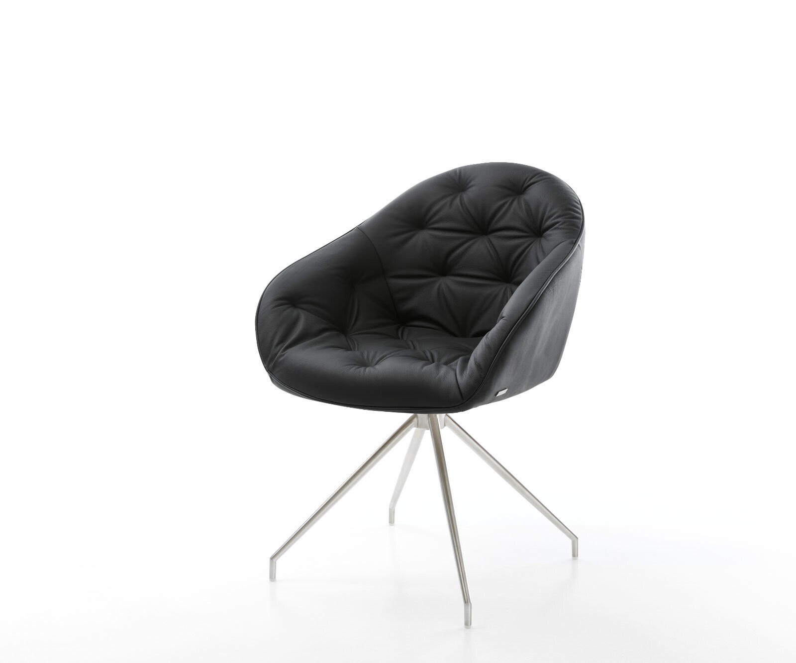 Chaise-de-salle-à-manger Gaio-Flex cuir de vache noir pied croisé conique acier inoxydable brossé