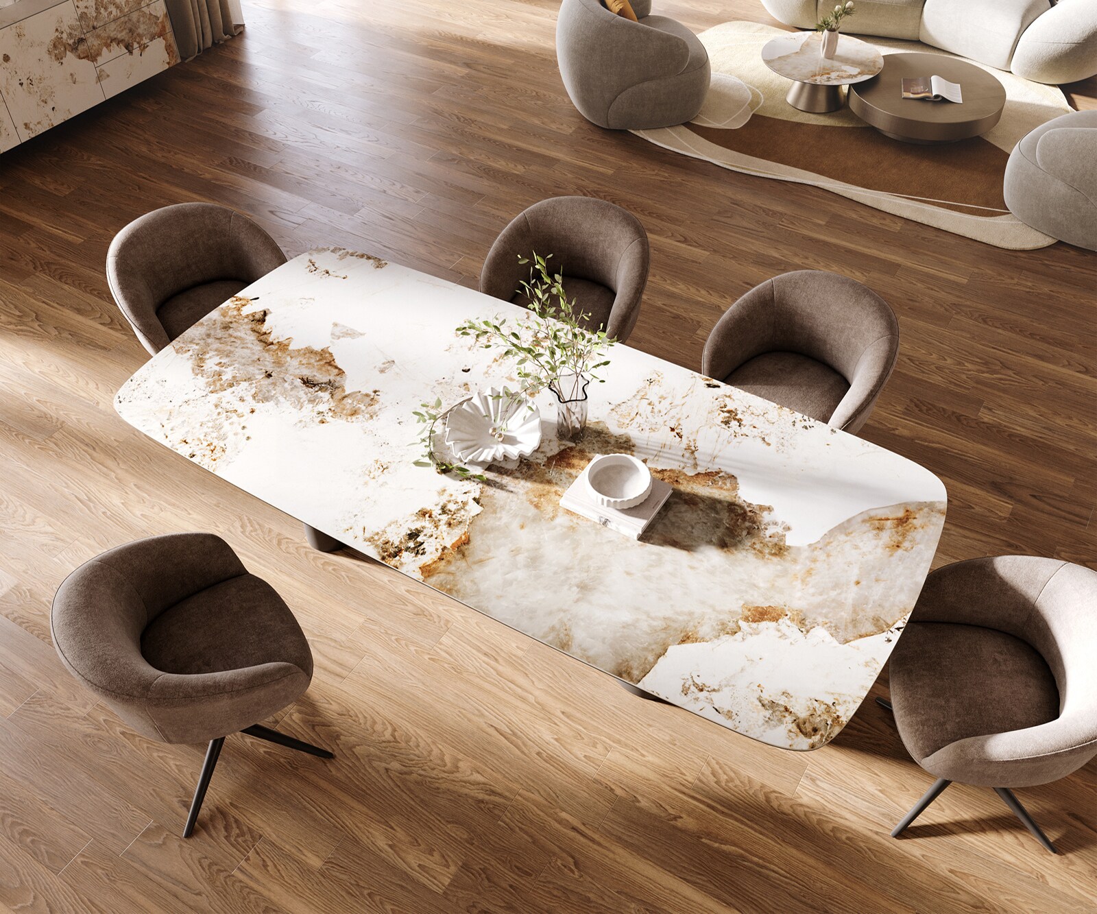 Table à manger Edge Boot 260x120 cm Céramique Minas Melange Blanc-Beige Pilier Métal Noir 4