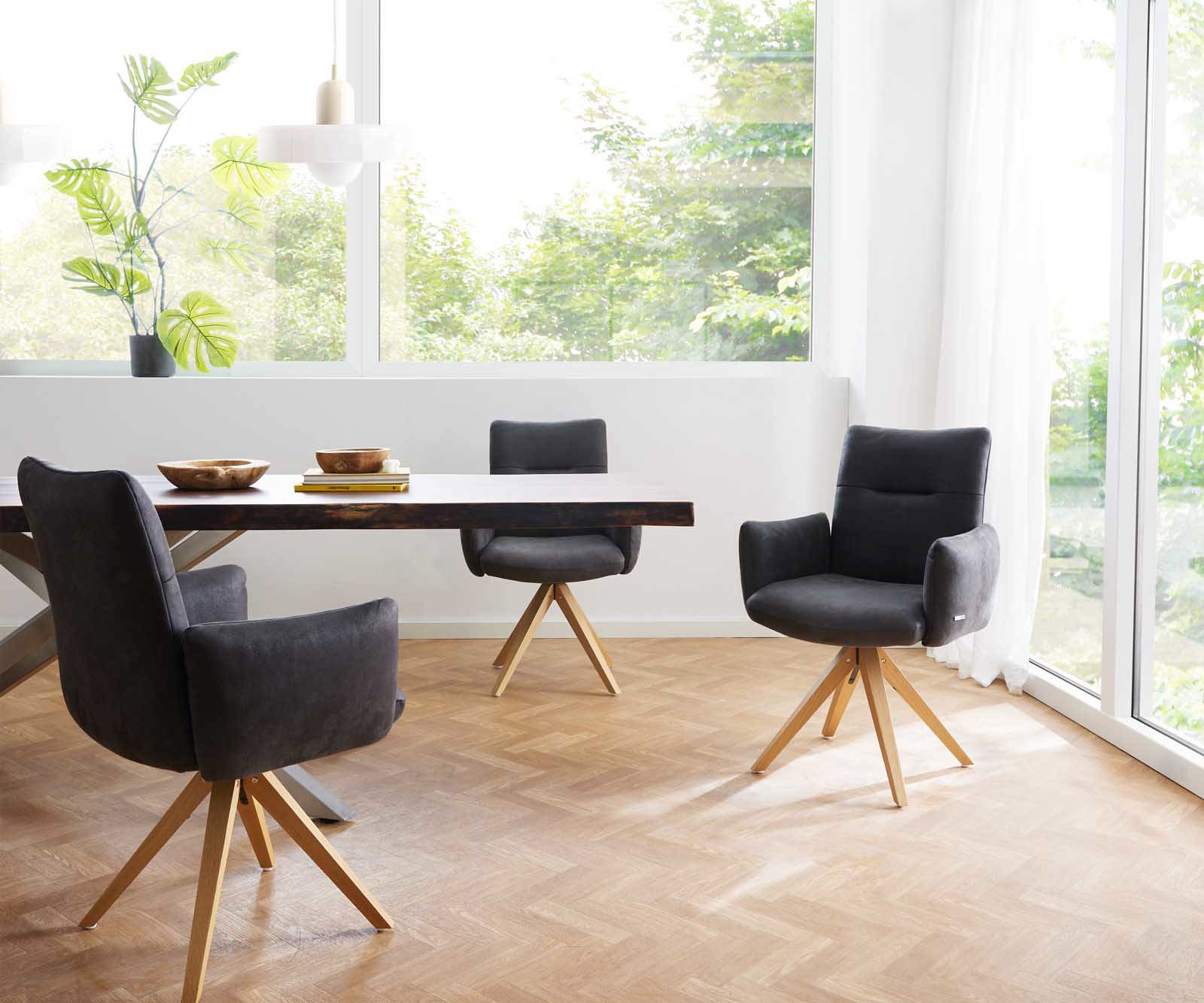 Chaise-pivotante Jova-Flex avec accoudoirs microvelours anthracite vintage pied en bois angulaire naturel pivotement sur 180° ressorts ensachés 5 Chaise-pivotante Jova-Flex avec accoudoirs microvelours anthracite vintage pied en bois angulaire naturel pivotement sur 180° ressorts ensachés 5