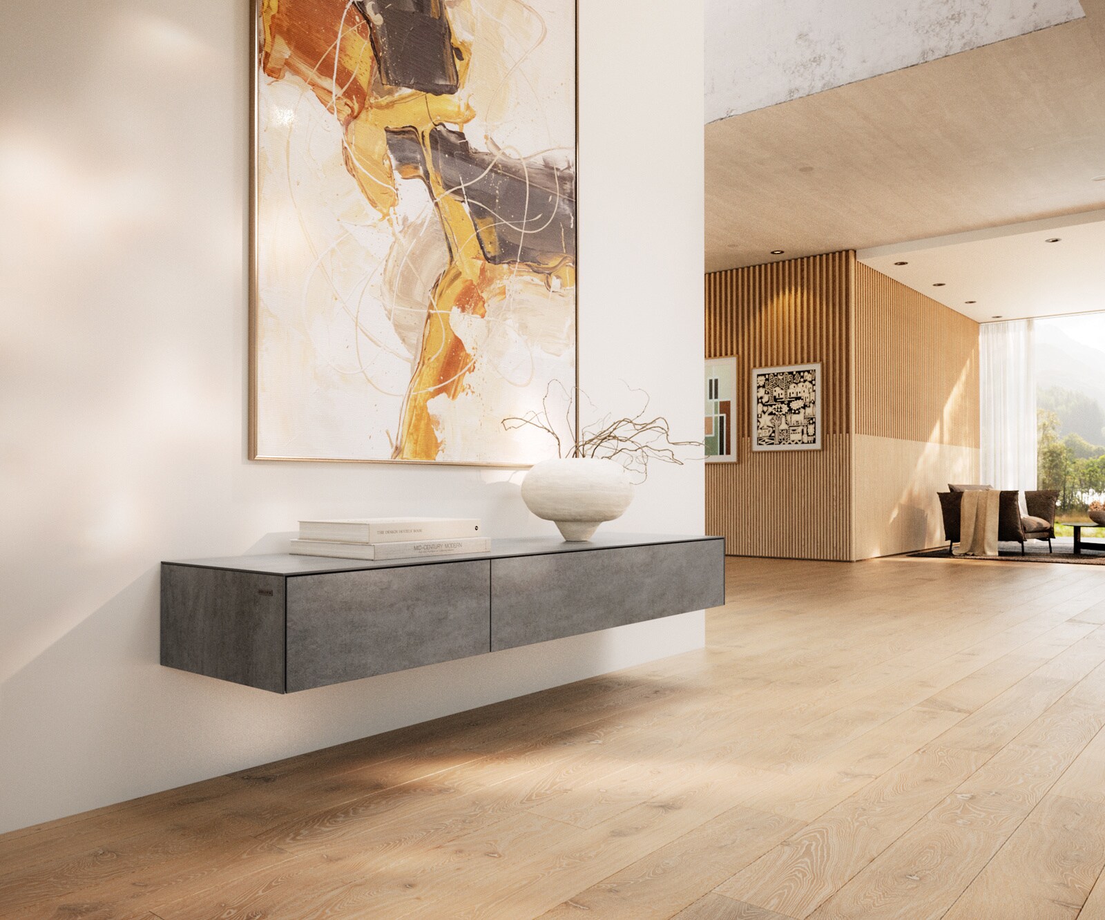 Meuble-TV Cuor 150 cm Céramique Béton gris 1 Clapet 1 Tiroir Flottant 1