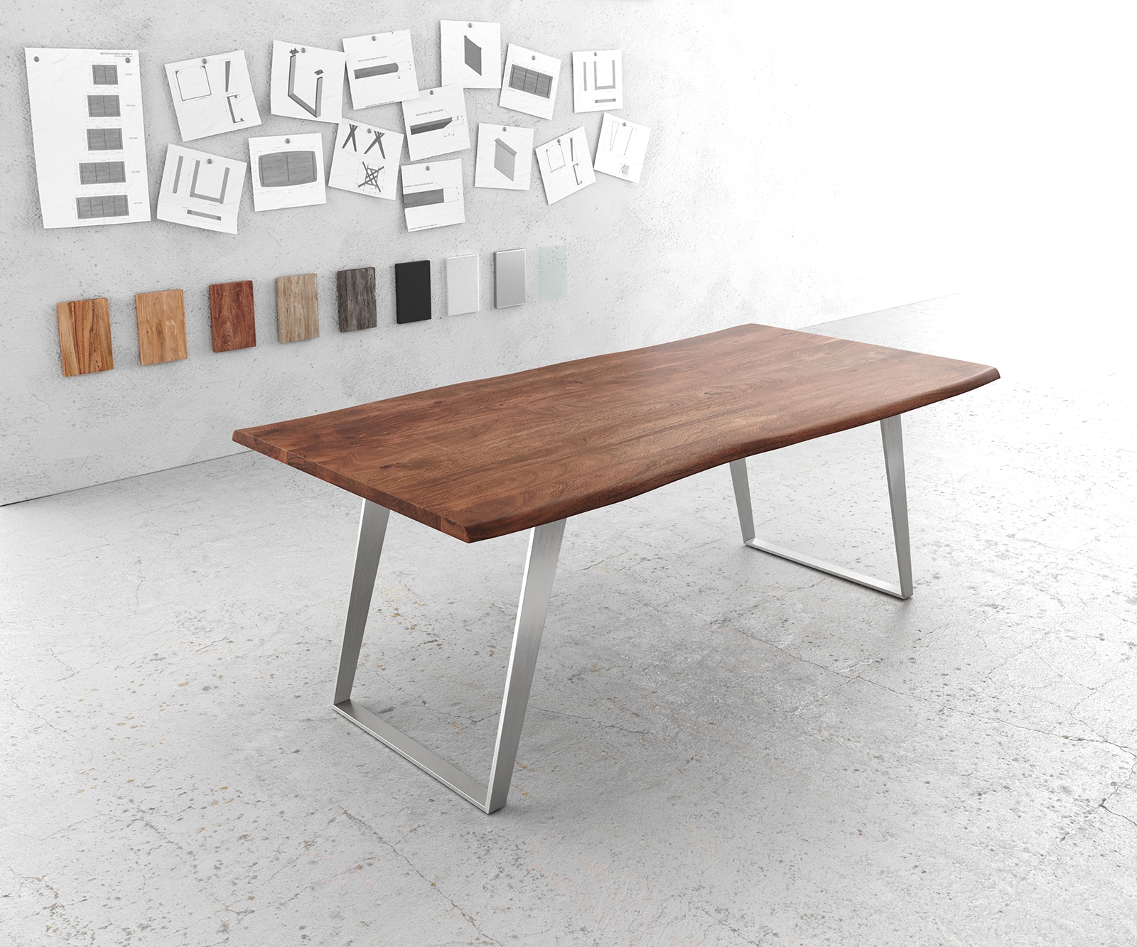 Table-à-manger Edge 200x100cm acacia marron acier inoxydable argent incliné Live-Edge Table-à-manger Edge 200x100cm acacia marron acier inoxydable argent incliné Live-Edge