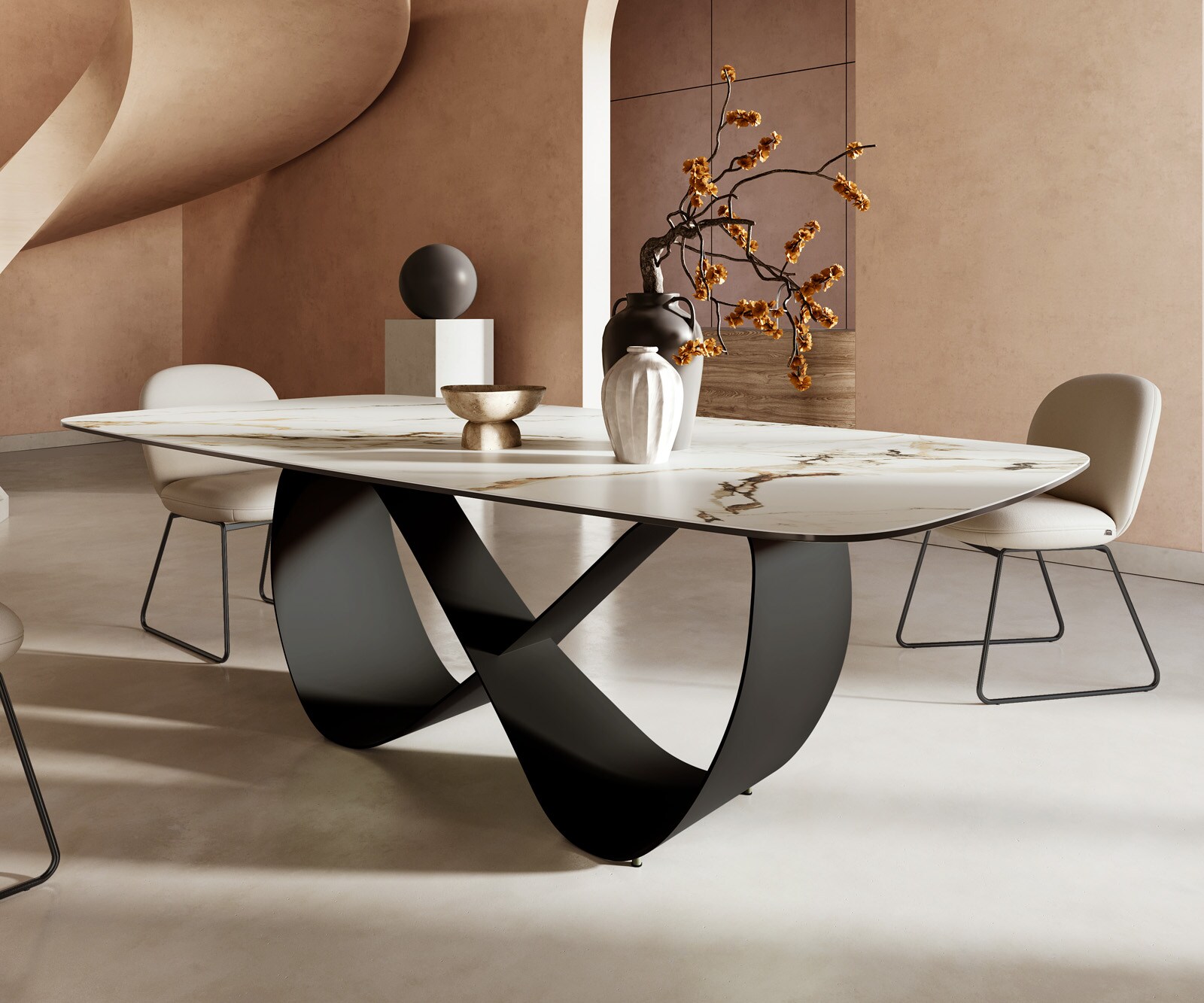 Table à manger Edge Boot 240x120cm céramique Calacatta Luxe blanc-doré-gris Infinity métal noir 5