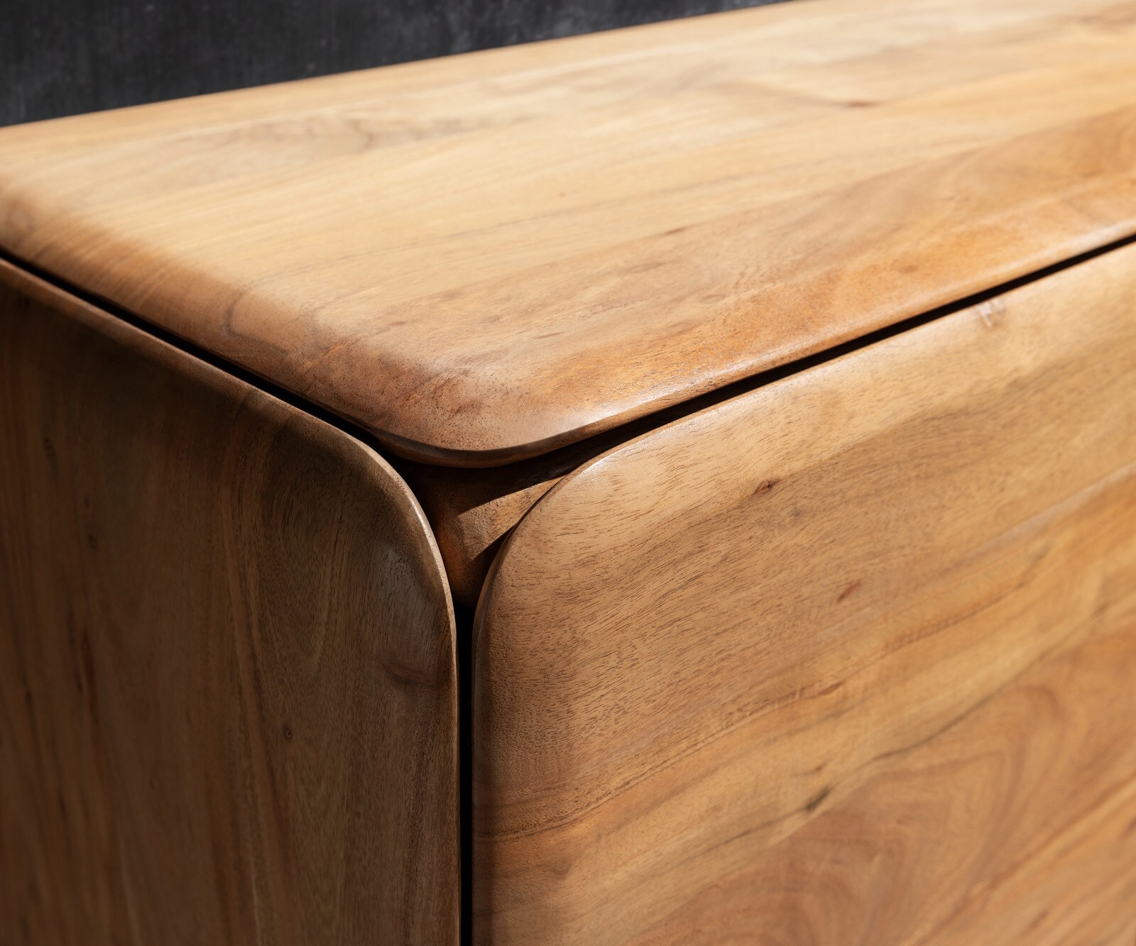 Buffet Shavani 145 cm, acacia naturel, 2 portes, 3 tiroirs, pieds arrondis en acier inoxydable argenté 4