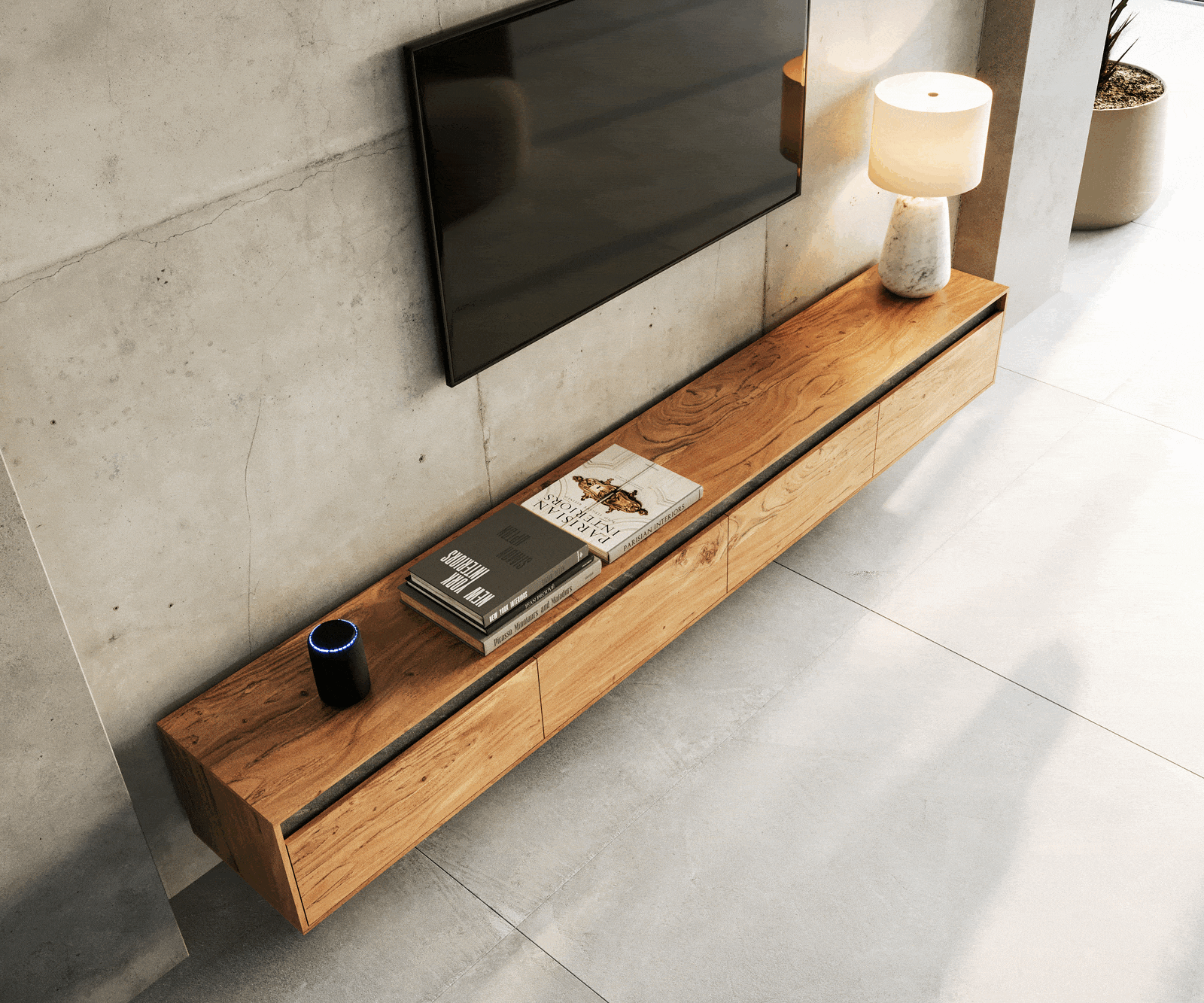 Meuble-TV Stonegrace 240 cm acacia nature 4 portes flottantes 3