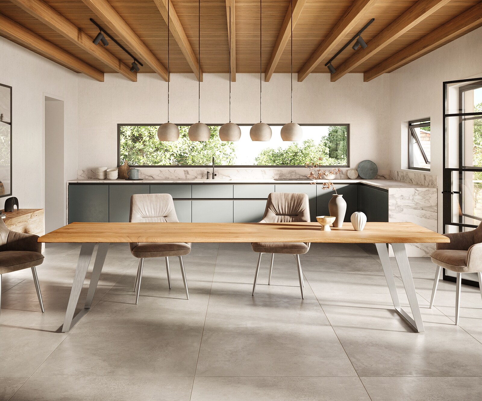 Table-à-manger Edge 300x100cm acacia nature acier inoxydable argent incliné Live-Edge 1