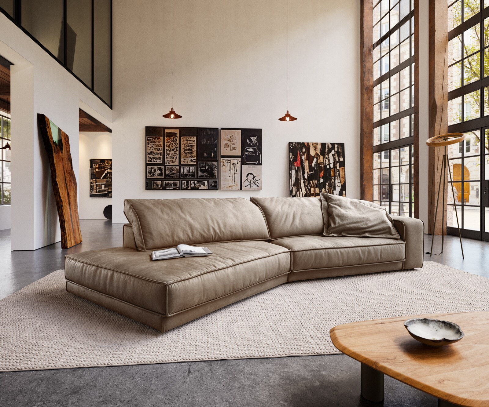 Canapé Snoosh 400x150 cm microfibre taupe vintage avec méridienne à gauche