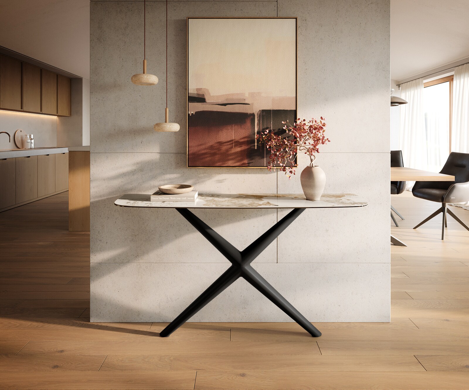 Console Edge forme bateau 140x40 cm Céramique Minas Melange Weiß-Beige Estelo Métal Noir 3