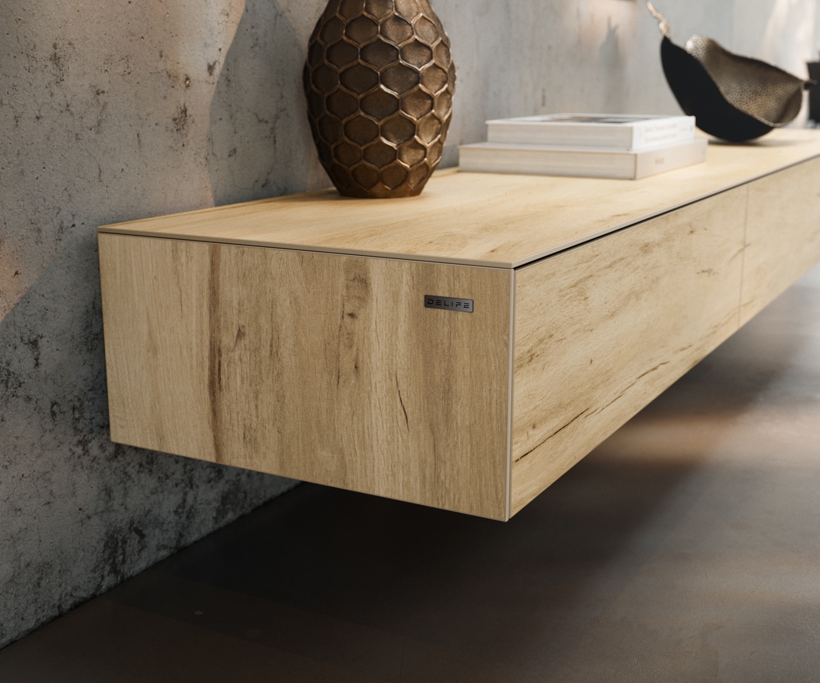 Meuble-TV Cuor 200 cm Céramique Laminam® Sabbia Teinte chêne 1 Clapet 1 Tiroir Pied optique flottant Métal Noir 6