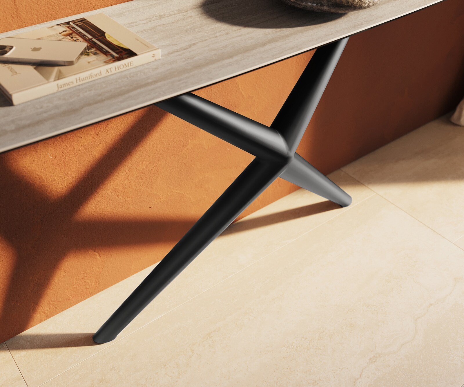 Console Edge forme bateau 180x40 cm Céramique Laminam® Travertino Bianco Creme-Weiß Estelo Métal Noir 6